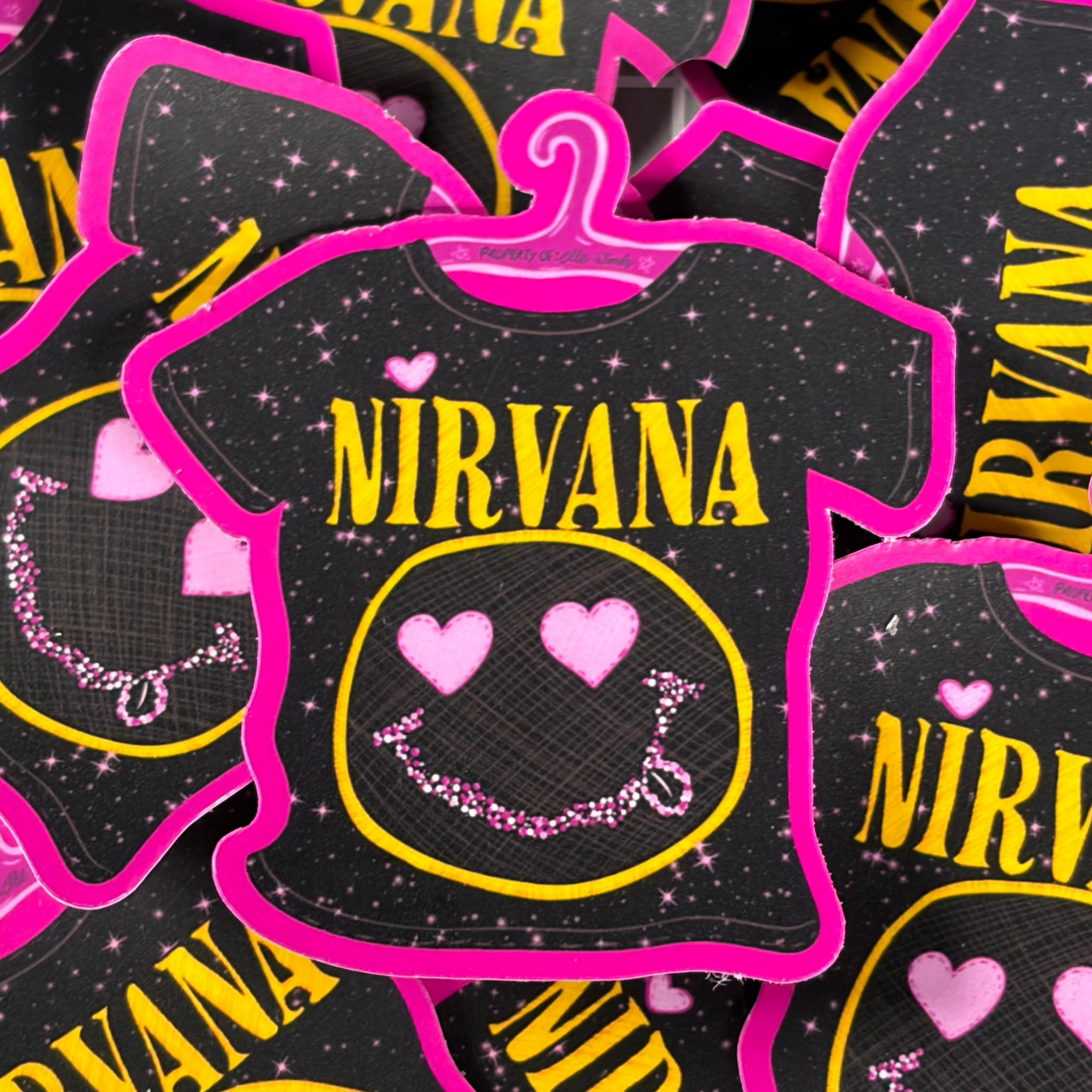 Bedazzled Nirvana, Elle Woods, Legally Blonde inspired single sticker. Pink, yellow, stars, black. Smiley face, hanger, tshirt