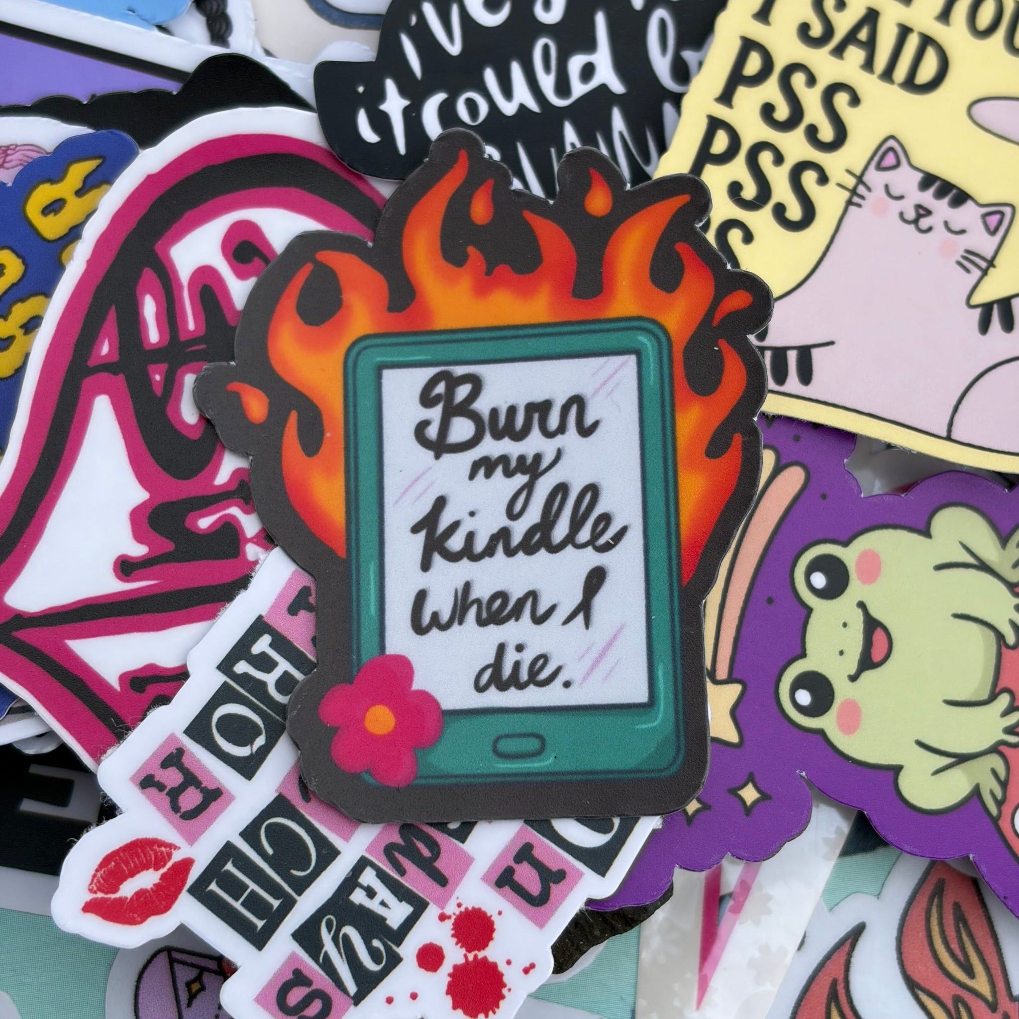 Burn My Kindle When I Die, Single Sticker. Funny bookish, reader humour, kindle on fire.