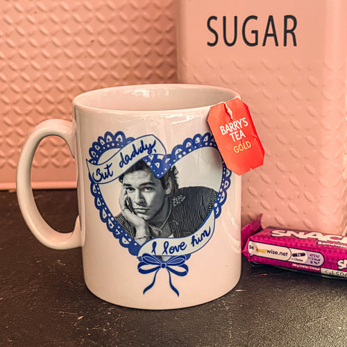 But Daddy I Love Him, Off Campus Inspired Mug. Coquette, blue and white, Gareth Graham, hockey romance, Heart with trim, The deal, Belmont Cameli, bookish.