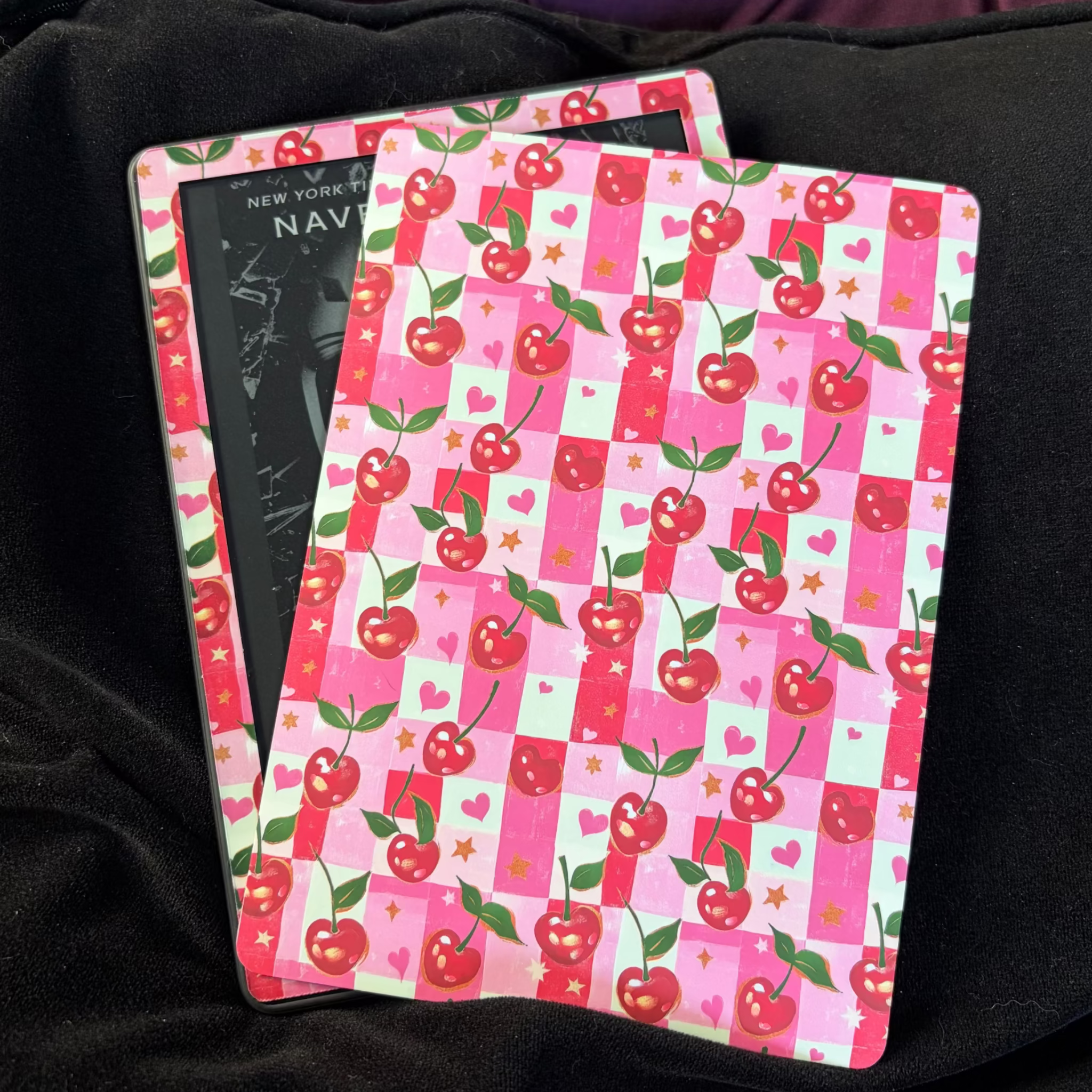 Cherries, Kindle Backing Insert. Pink and red checkers with red cherries. Fruit, summer, bright, bookish

Made to order. Made to fit your specific model. Matte laminated for durability. Easy to install in a clear case.&nbsp;