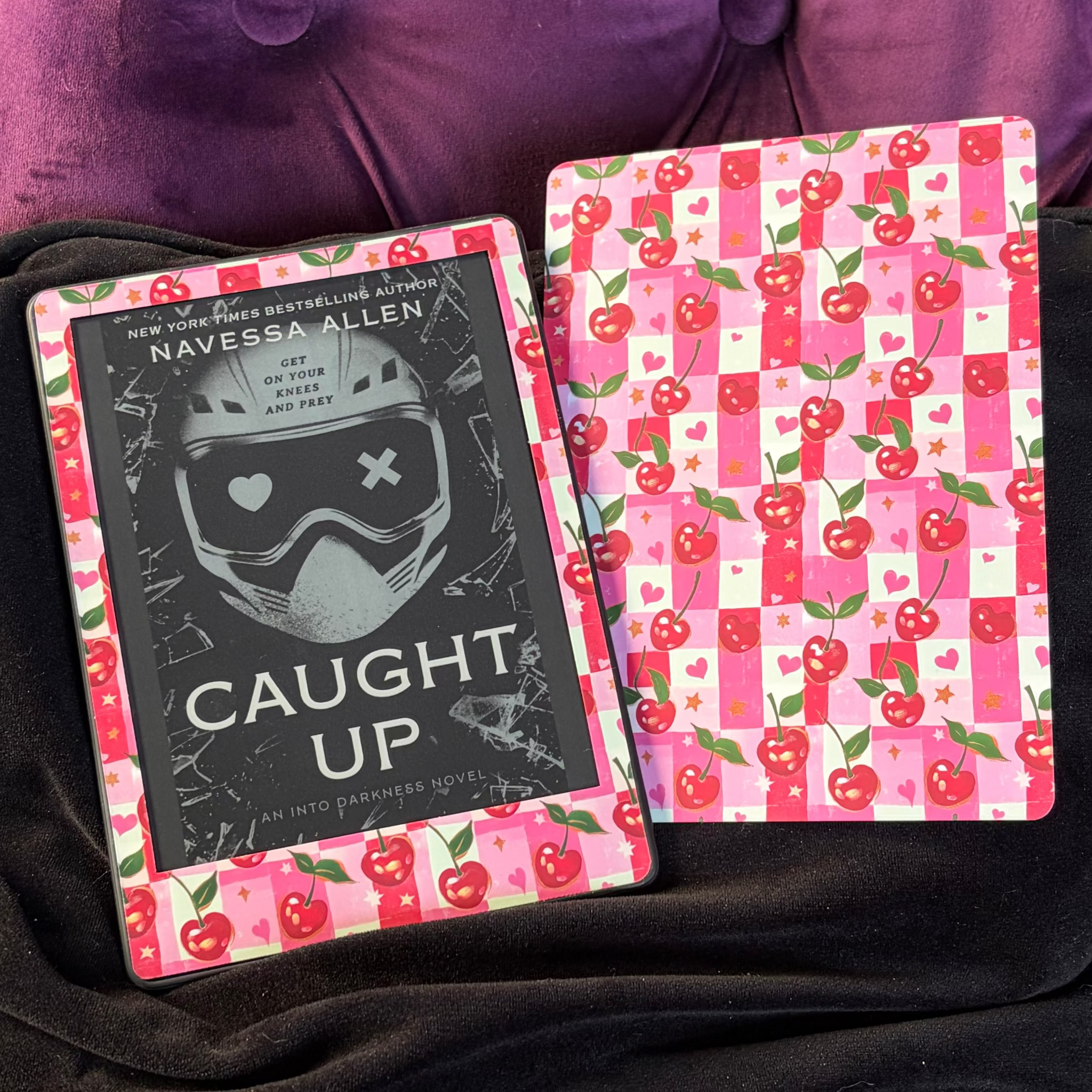 Cherries, Kindle Backing Insert Pink and red checkers with red cherries. Fruit, summer, bright, bookish

Made to order. Made to fit your specific model. Matte laminated for durability. Easy to install in a clear case.&nbsp;