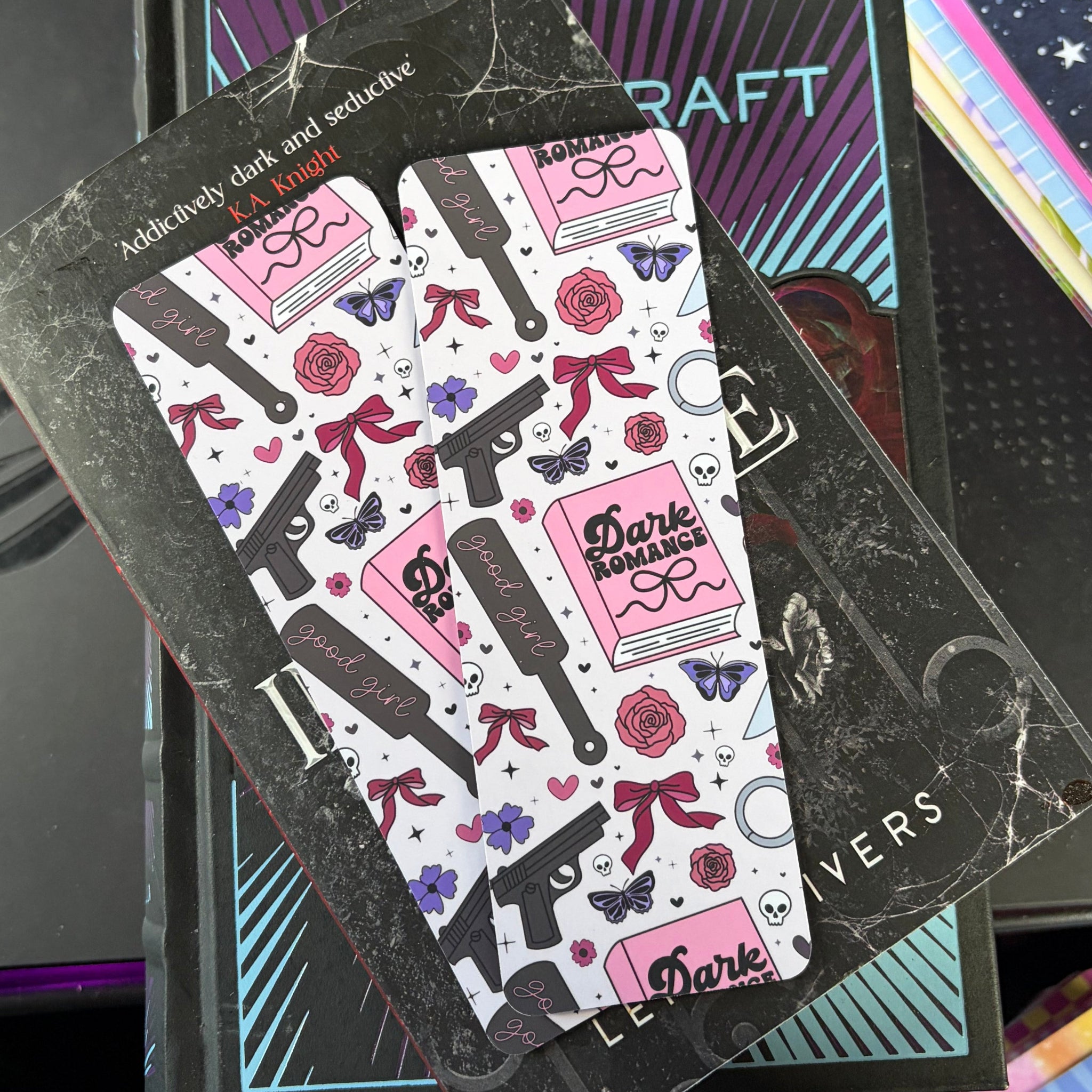 Cutesy Dark Romance, Bookmark. Bows, paddle, kawaii, soft cartoon.