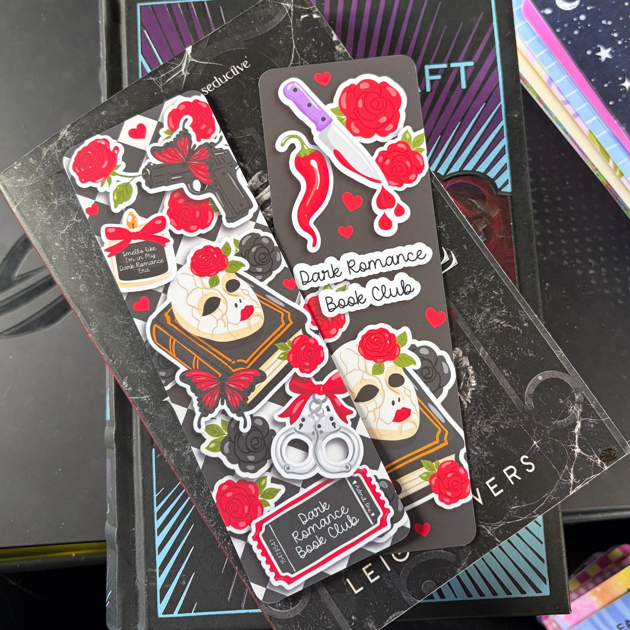 Dark Romance Book Club, Double Sided Bookmark. Masks, roses, mafia. Red and black.