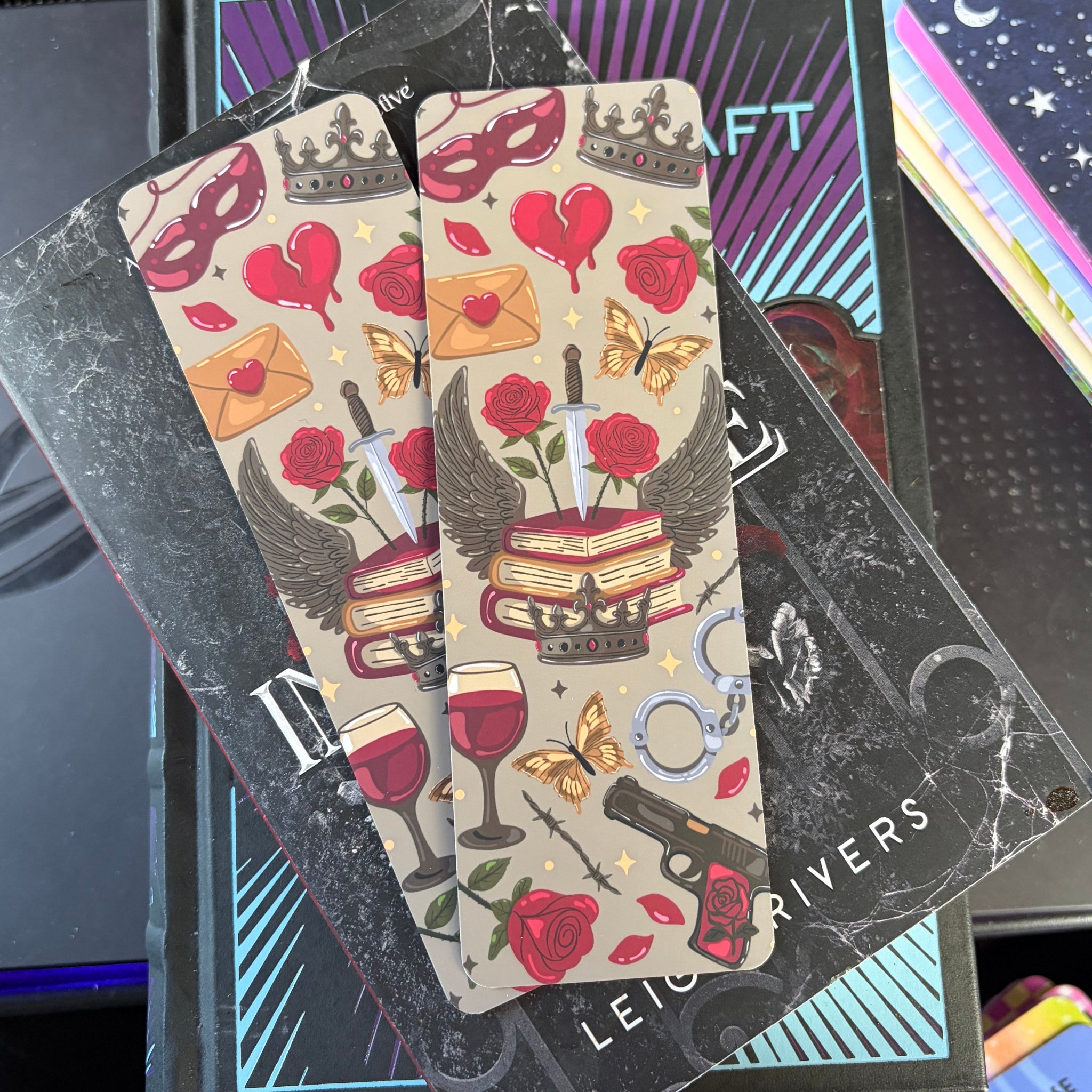 Dark Romance Bookmark. Masks, mafia, crowns, queen, king and sword. Standard size bookmark.