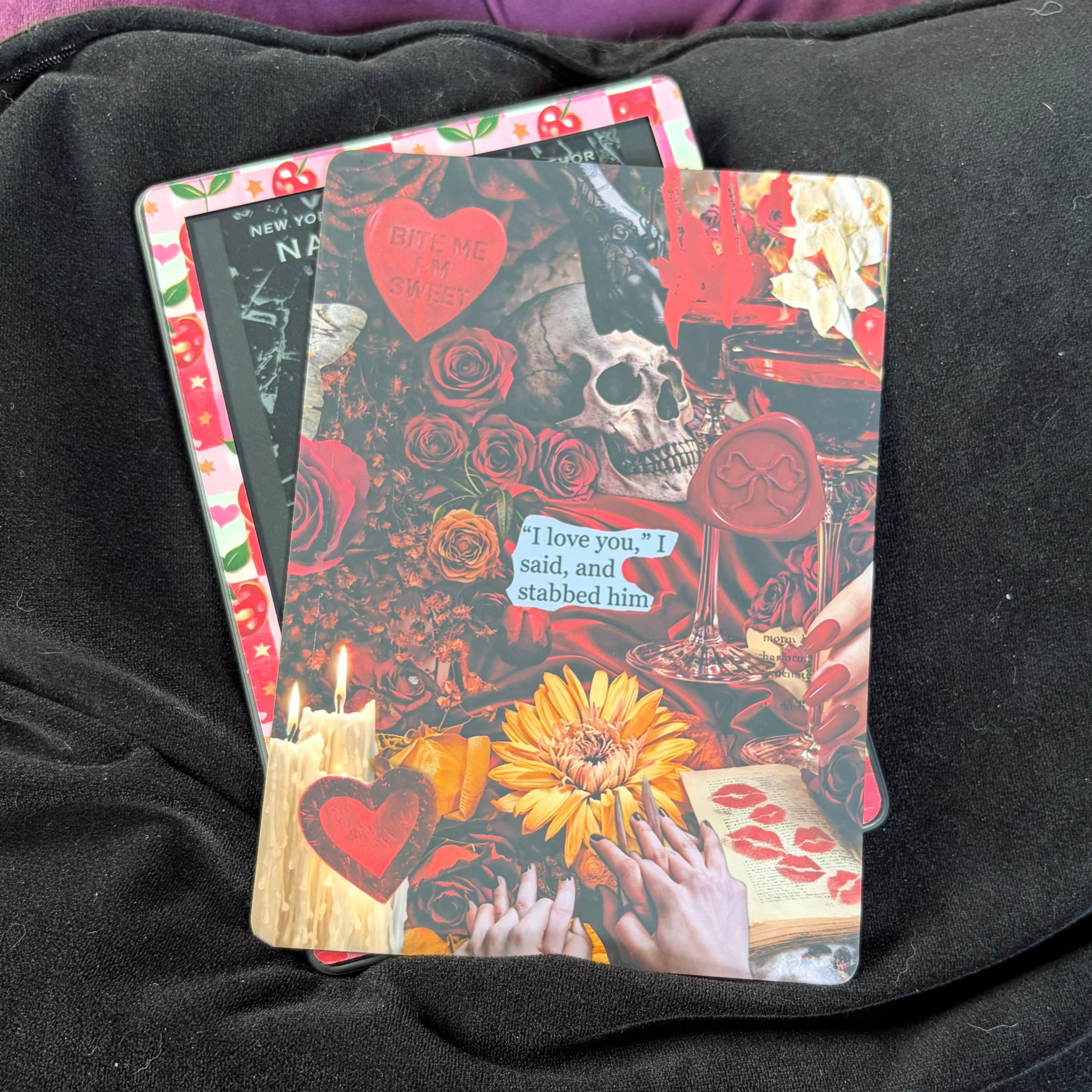 Dark Romance Scrapbook, Kindle Backing Insert, vintage, red, black, yellow. Heart, skull, torn letter pages, bookish

Made to order. Made to fit your specific model. Matte laminated for durability. Easy to install in a clear case.&nbsp;