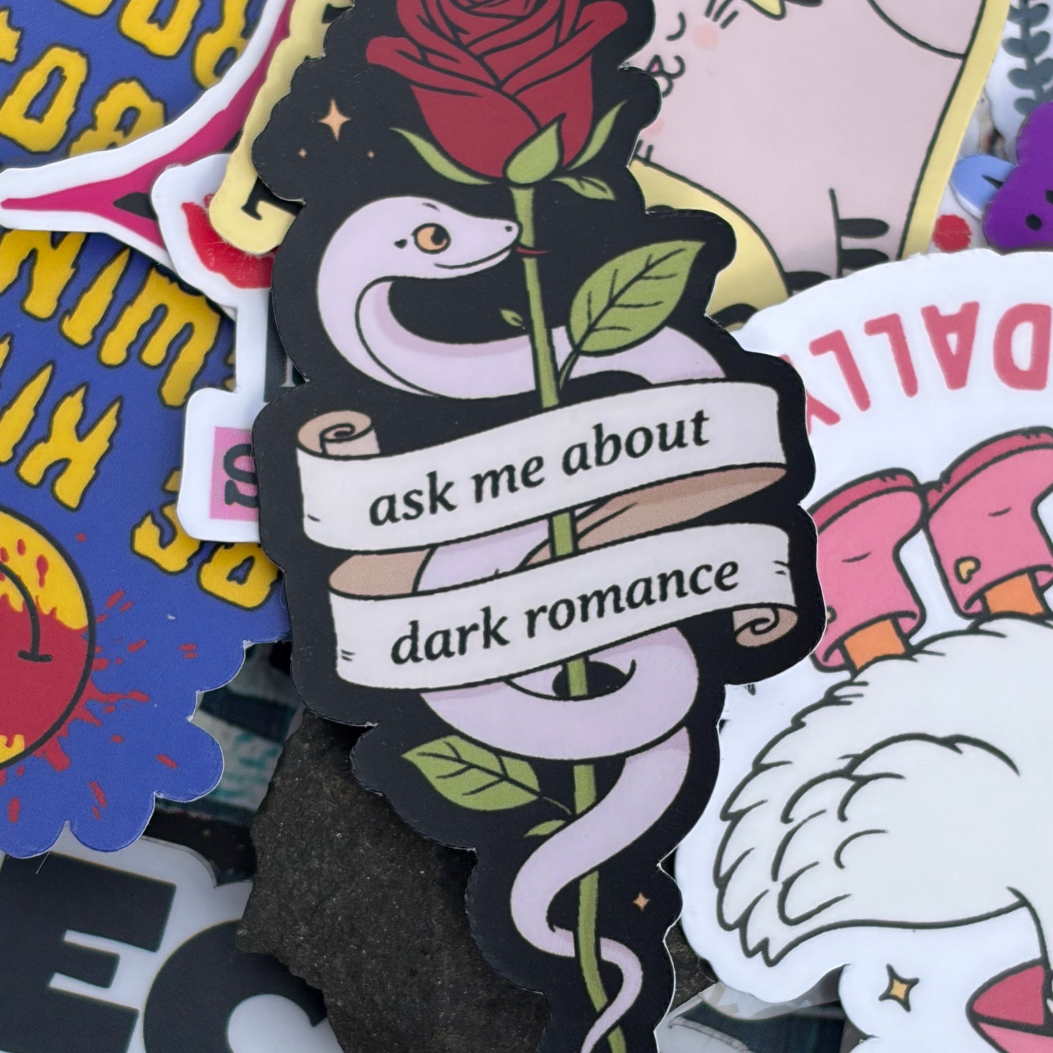 Dark Romance Serpent, red rose Single Sticker. Bookish, kindle sticker snake scroll