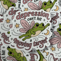 Depression Can't Hit a Moving Target, Single Sticker, frog, butterfly, fairy, moon, cute, relatable, mental health, dark humour, green, pink, yellow