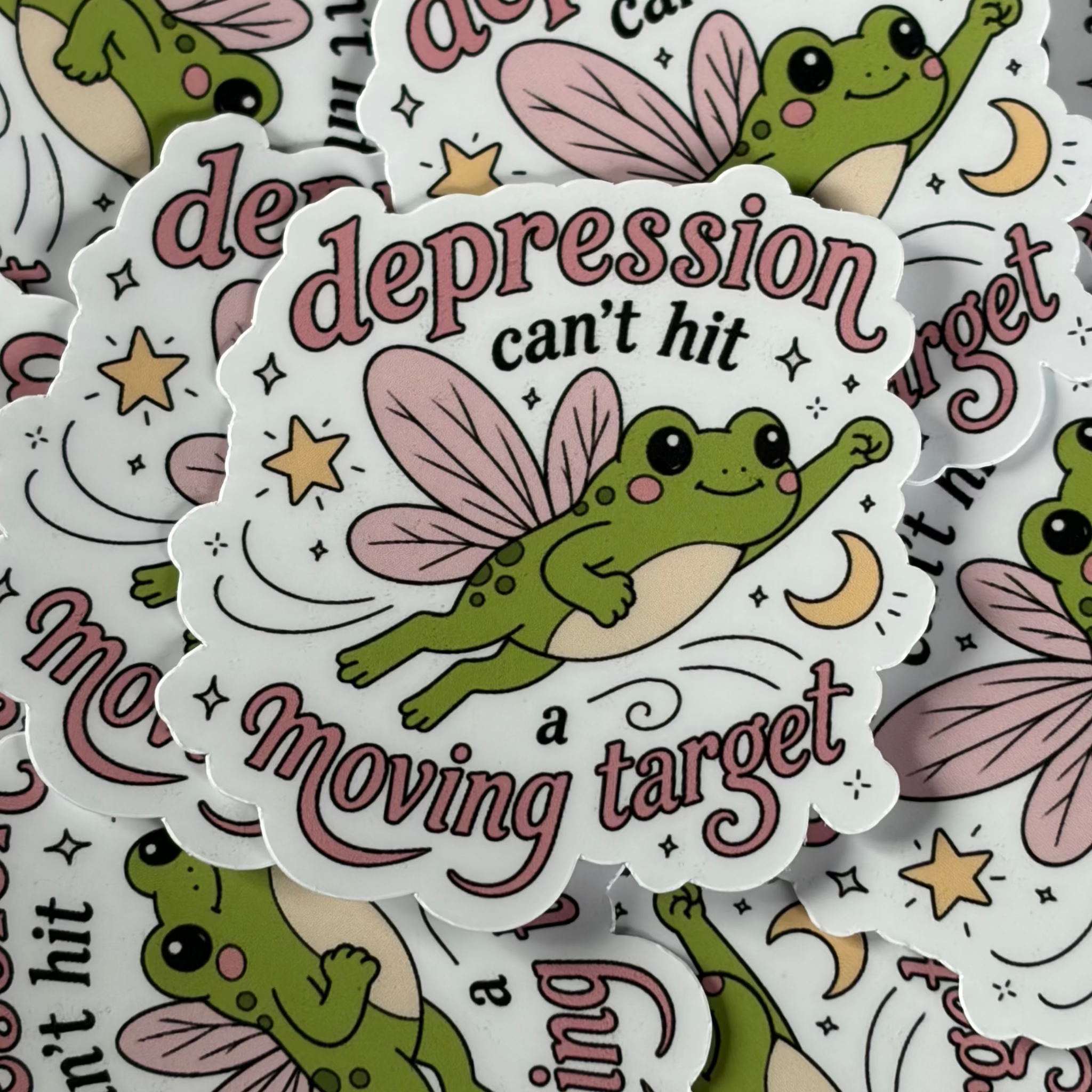 Depression Can't Hit a Moving Target, Single Sticker, frog, butterfly, fairy, moon, cute, relatable, mental health, dark humour, green, pink, yellow