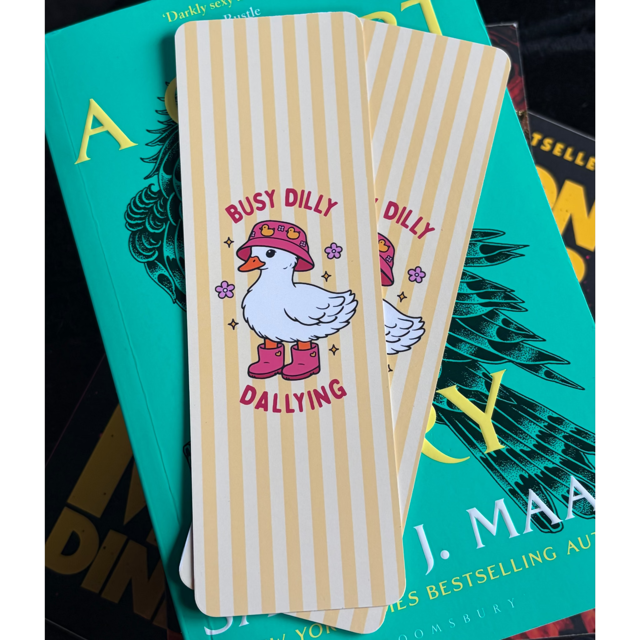 Dilly Dally Duck, Standard Bookmark, yellow Stripes, wellingtons, hat, cute, meme, pink, funny, spring, summer