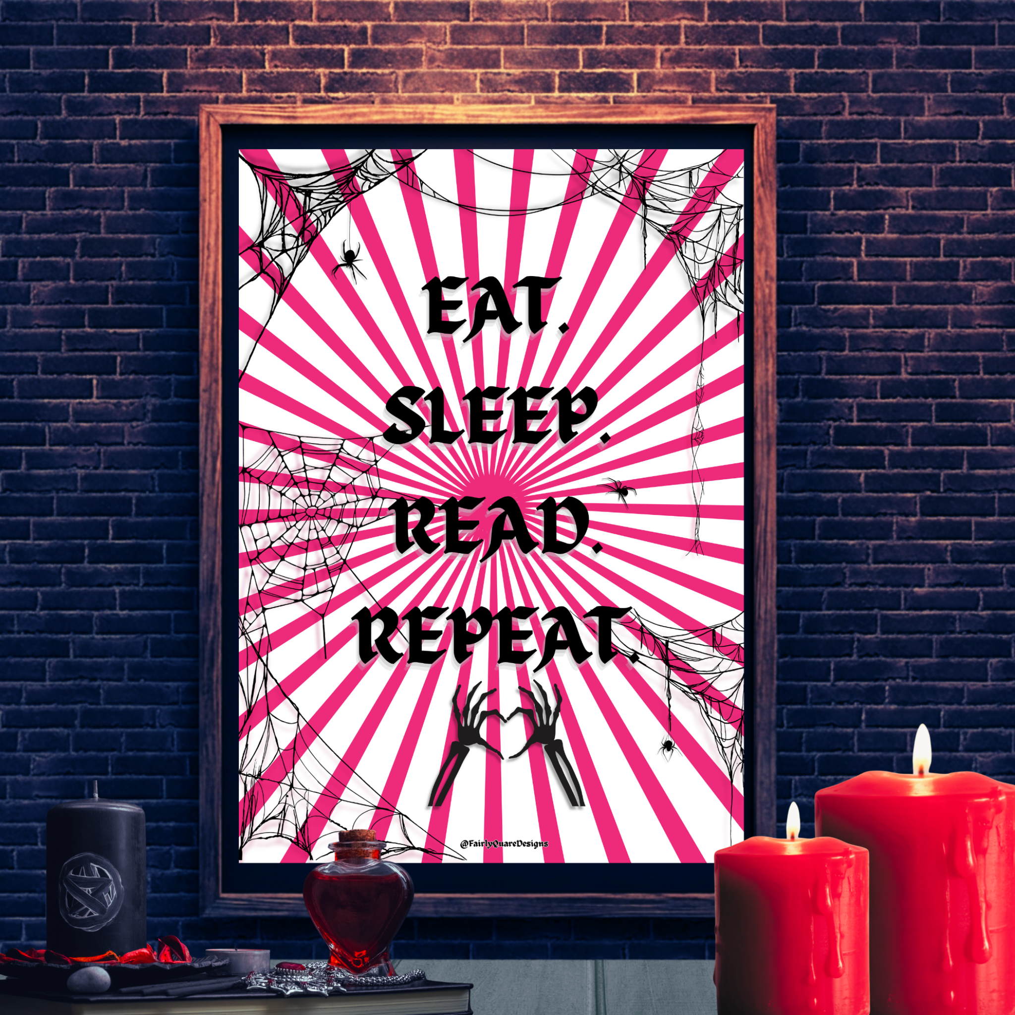 Eat, Sleep, Read, Repeat - Cirque Print, library print, dark academia, spooky, horror, spider, circus, bookish reader