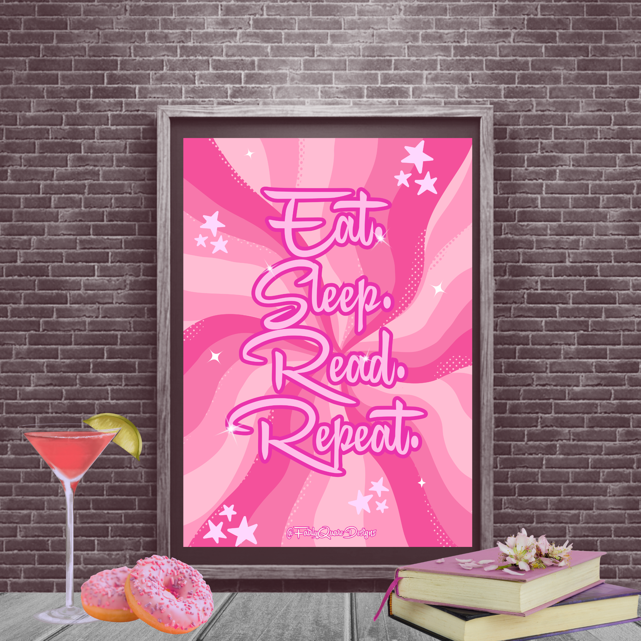 Eat, Sleep, Read, Repeat - Y2K Print, pink, sparkle, stars, bookish, early 00's library print