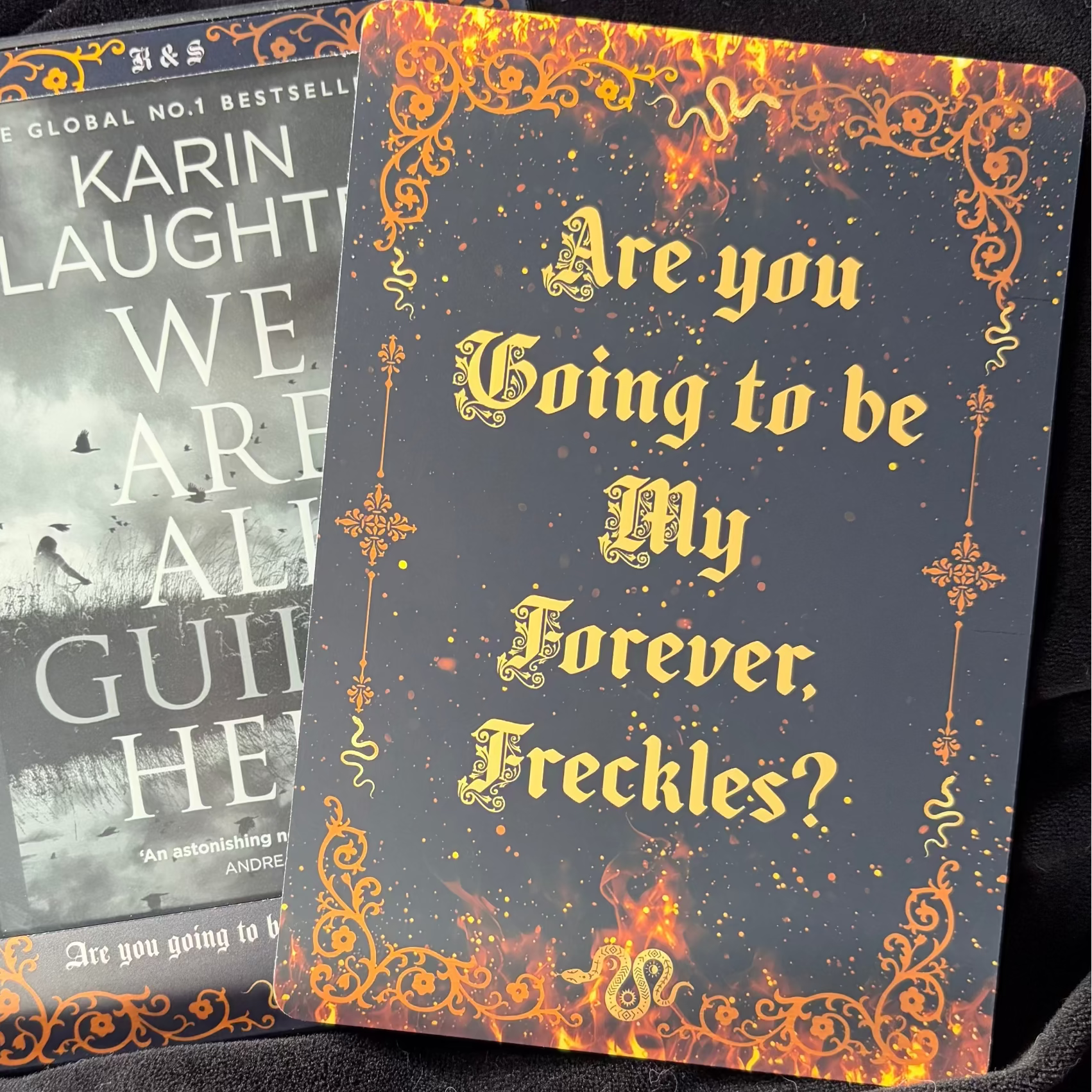 Black and burnt-orange Edge of Darkness-inspired Kindle backing insert reading Are You Going to Be My Forever, Freckles in gold gothic lettering
