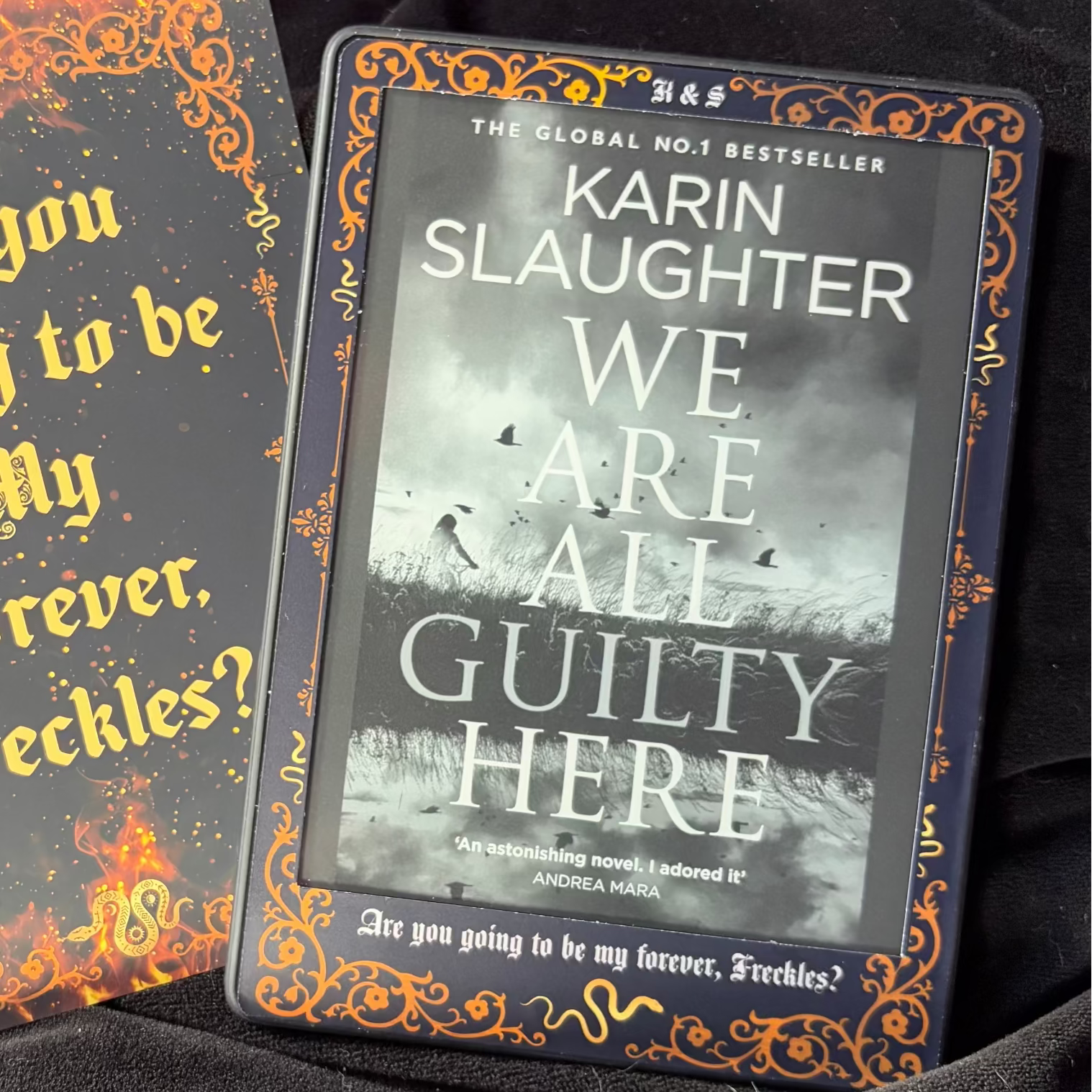 Black and burnt-orange Edge of Darkness-inspired Kindle front skin with an ornate border and the quote Are You Going to Be My Forever, Freckles
