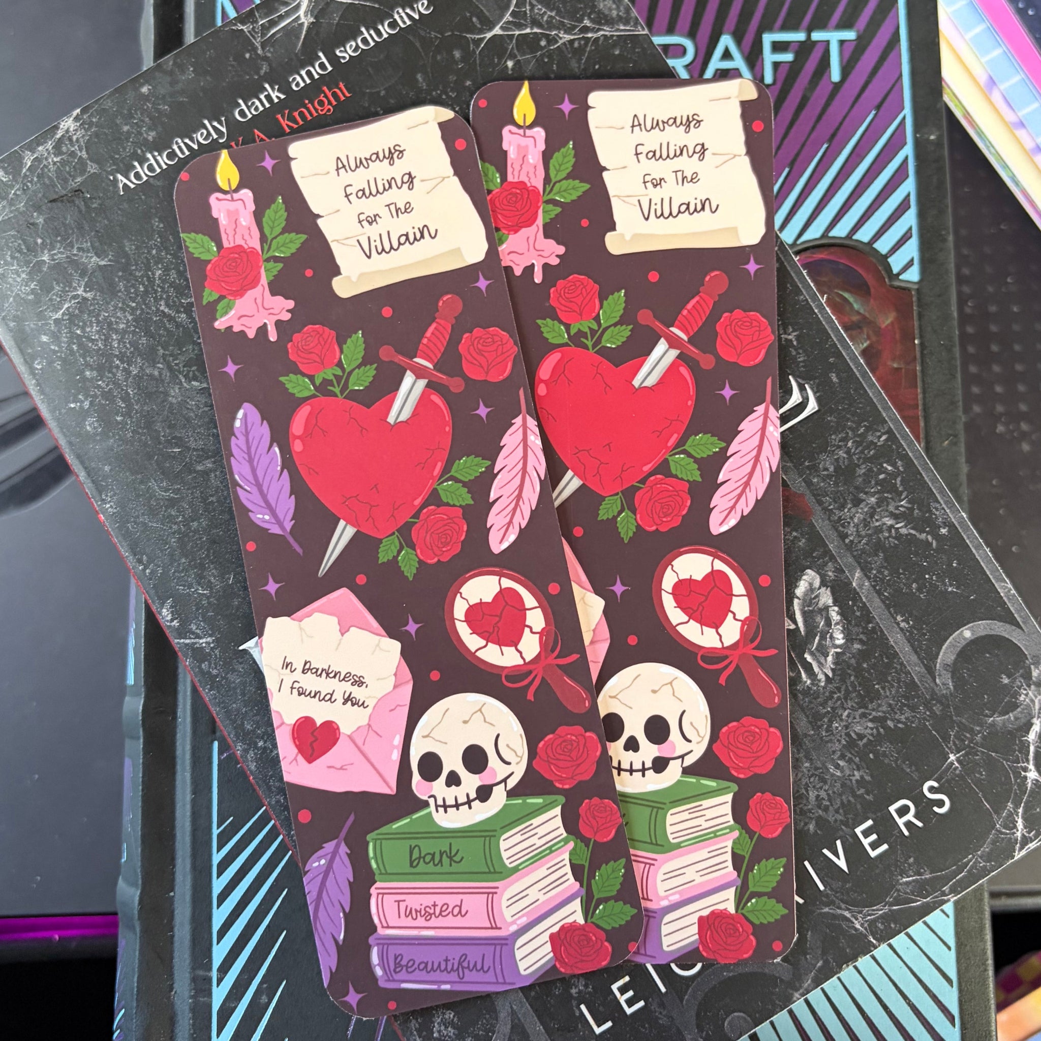 Falling for the Villian, Bookmark. Standard size. Cute, soft, cosy, gothic, dark romance, fantasy.