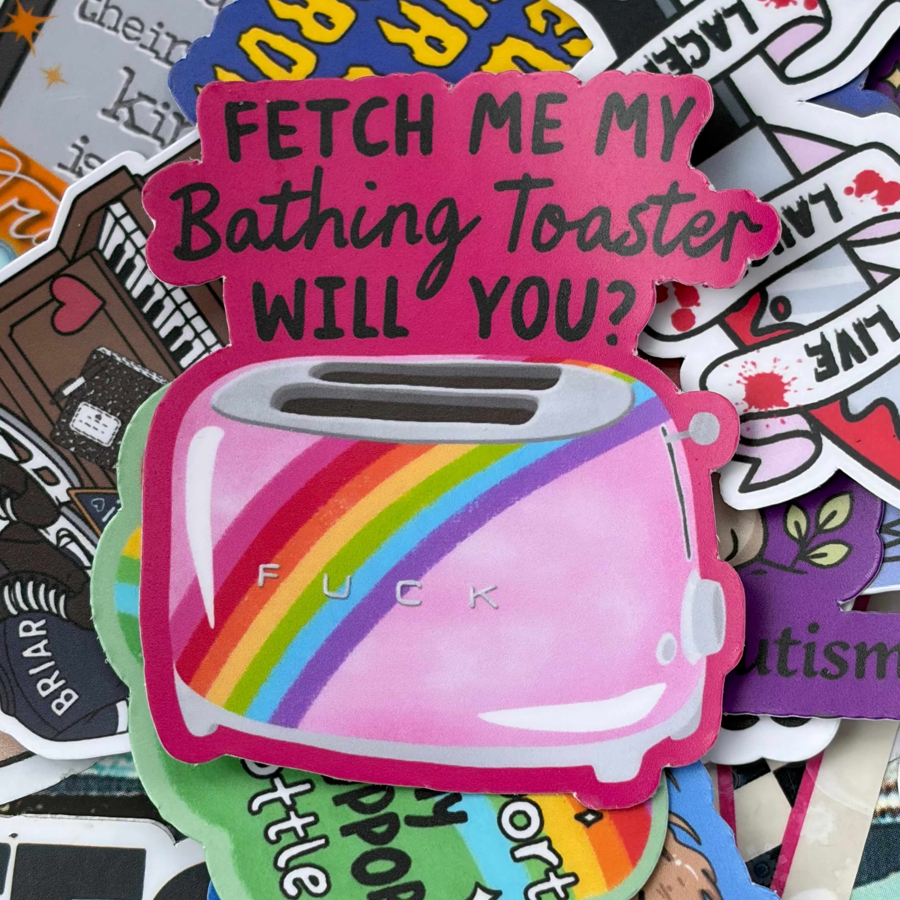 Fetch Me My Bathing Toaster, Single Sticker, rainbow bright, dark humour
