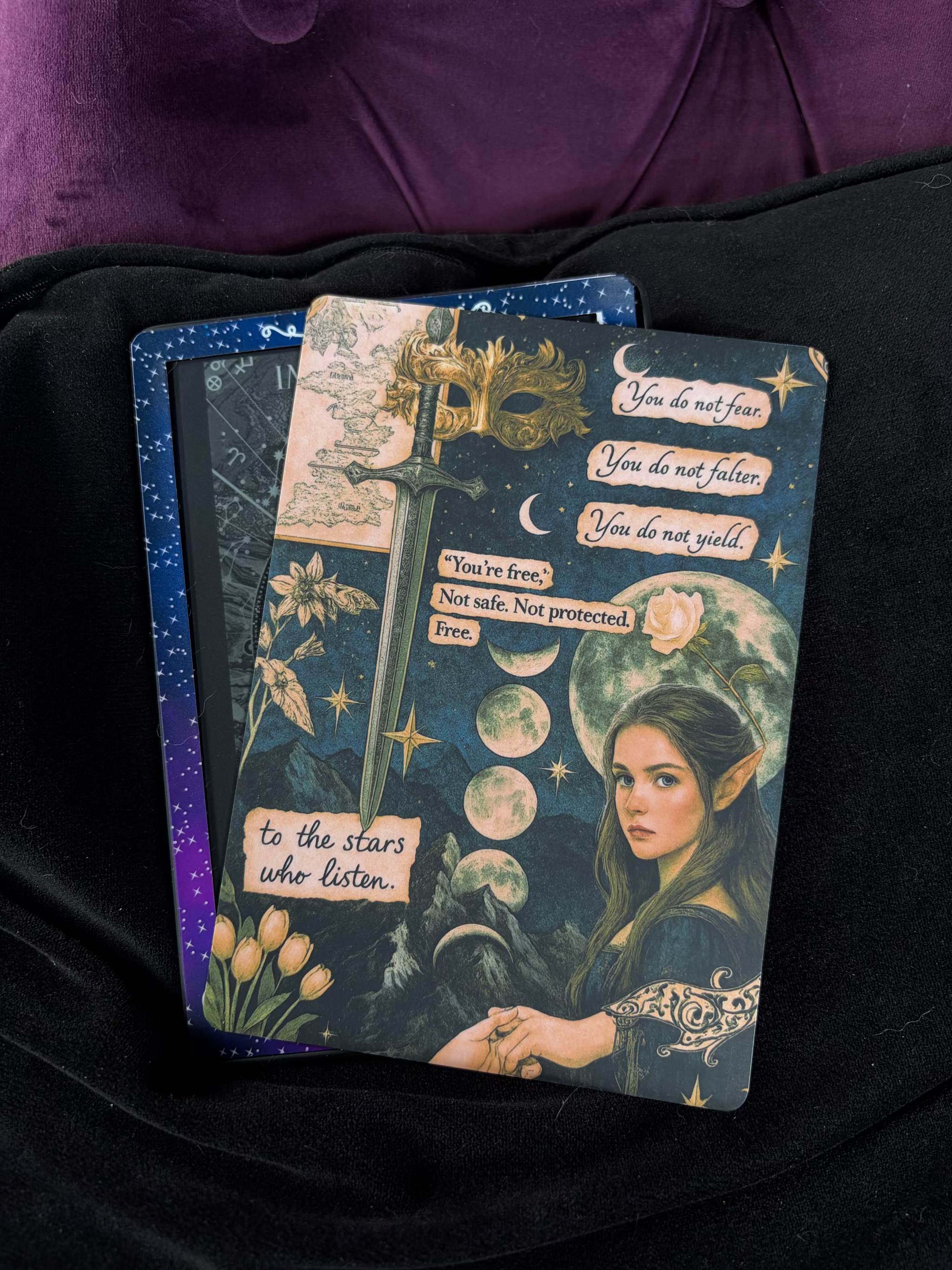 Feyre, ACOTAR inspired, Kindle Backing Insert. Vintage, moons, scrapbook, mask and sword.

Made to order. Made to fit your specific model. Matte laminated for durability. Easy to install in a clear case.&nbsp;