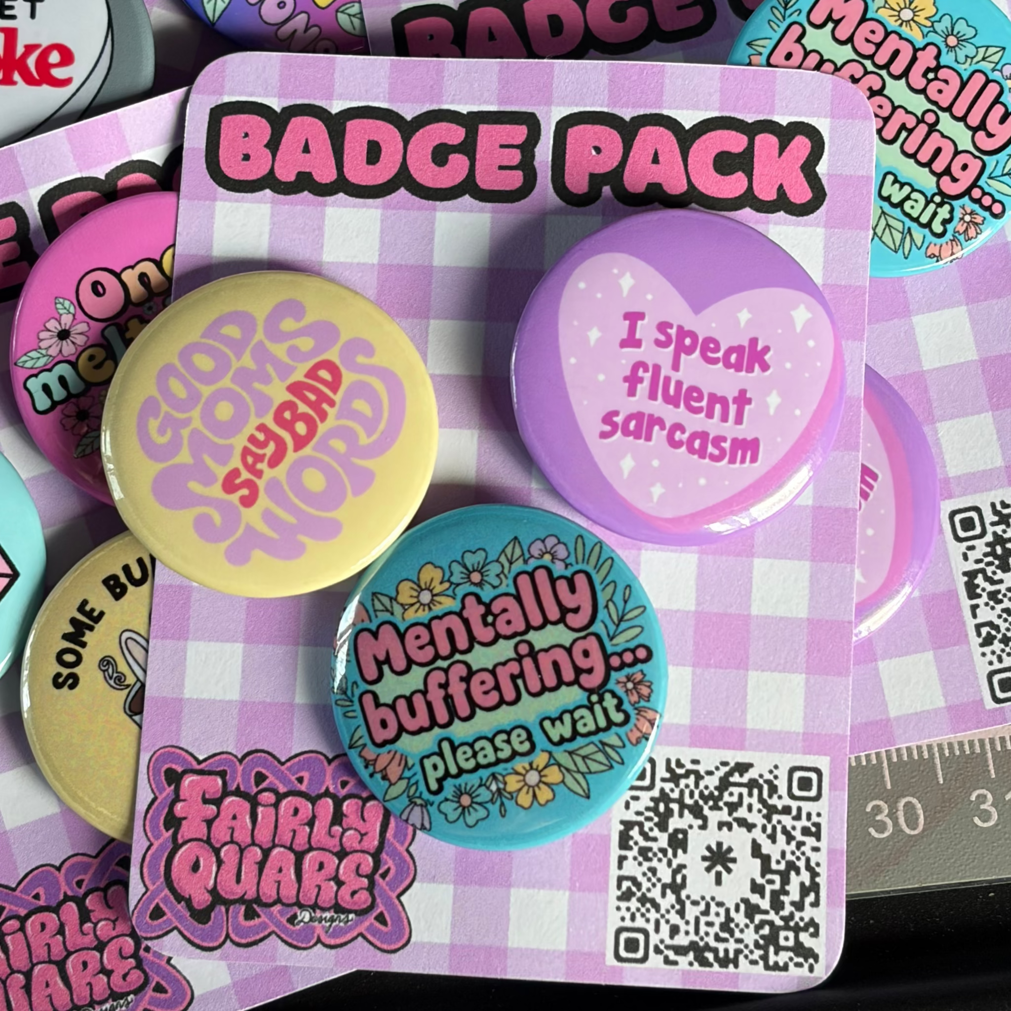 Good Moms Say Bad Words / I Speak Fluent Sarcasm / Mentally Buffering

3 Pack of 1.25mm Button Pin Badges, with metal backing.

Handmade