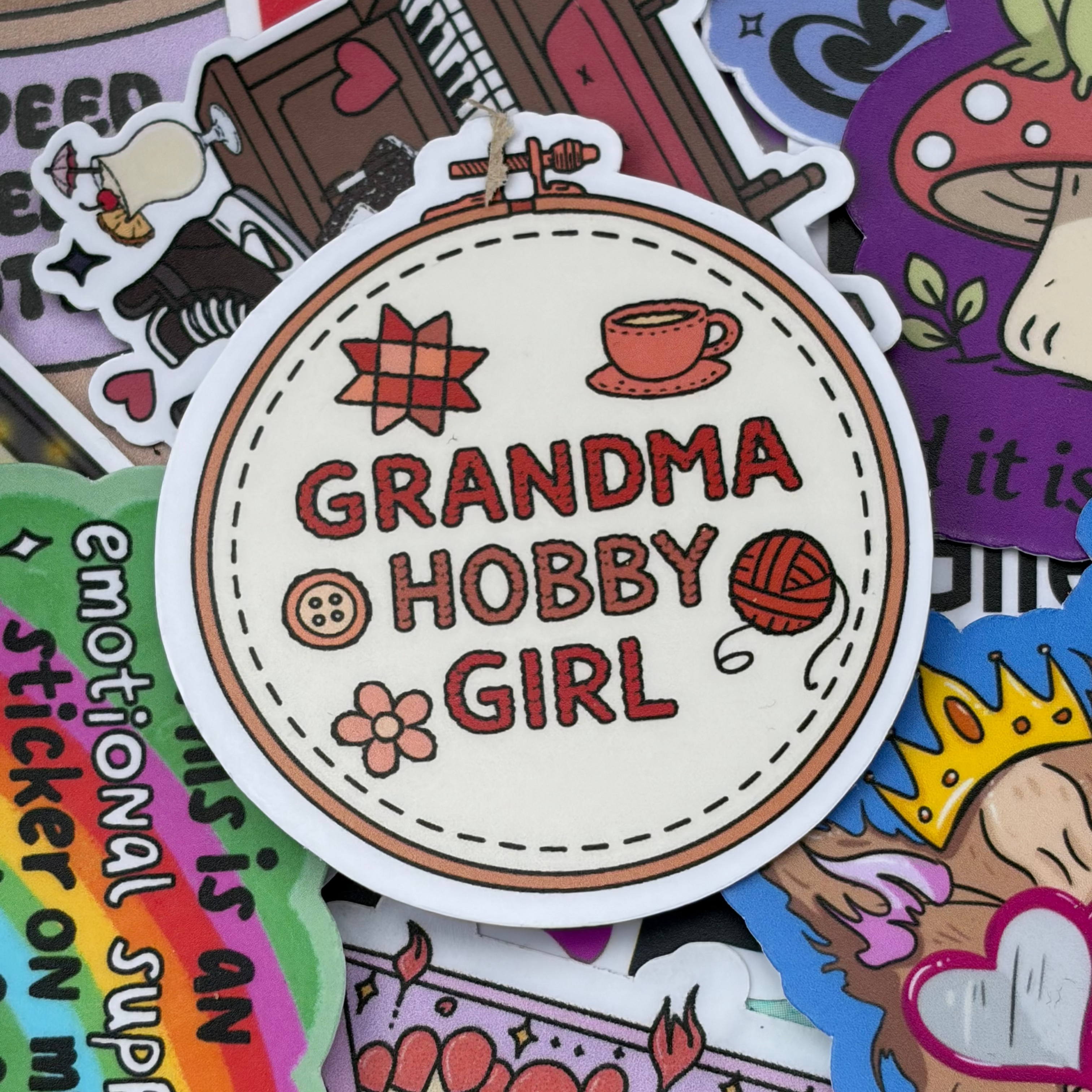 Grandma Hobby Girl, Single Sticker. Embroidery hoop stitches wool crochet knittin