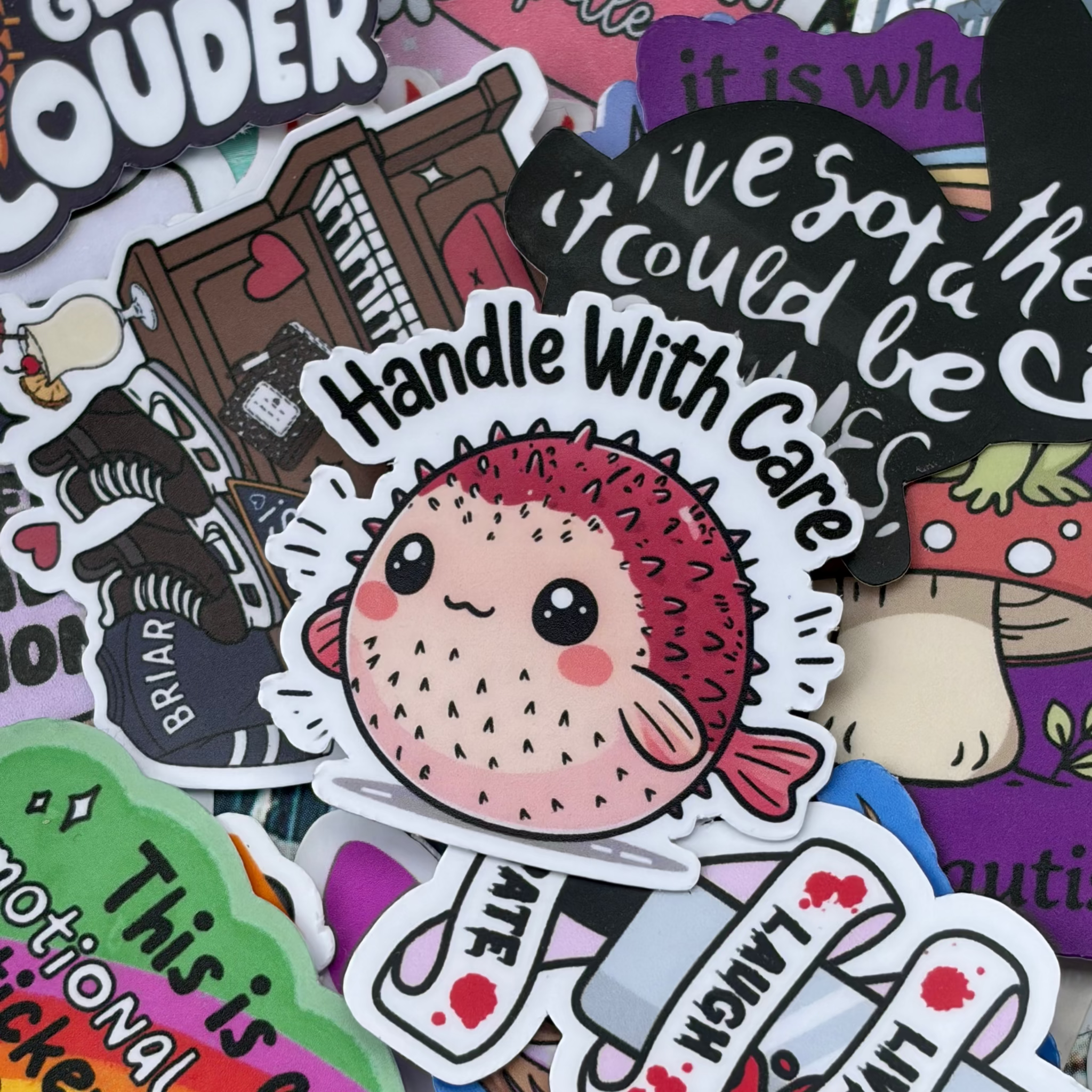 Handle with Care, Single Sticker, cute blowfish, funny