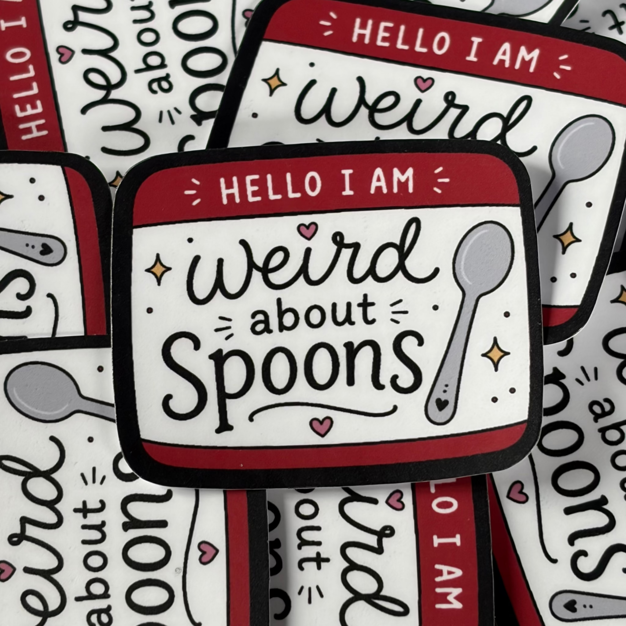 Hello I'm Weird About Spoons, Single Sticker, name tag, red, white, grey. Neurodivergent, ADHD, Autism, AUDHD, funny, relatable