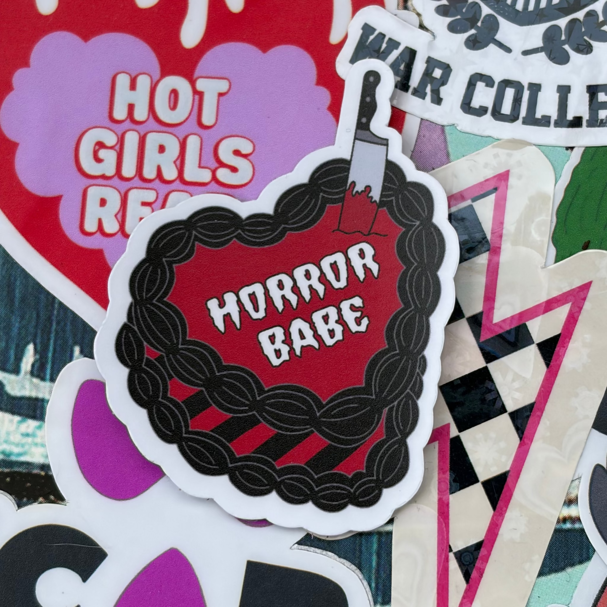 Horror Babe, Spooky Cake Single Sticker BLACK AND RED FILM WHITE WRITING ICING
