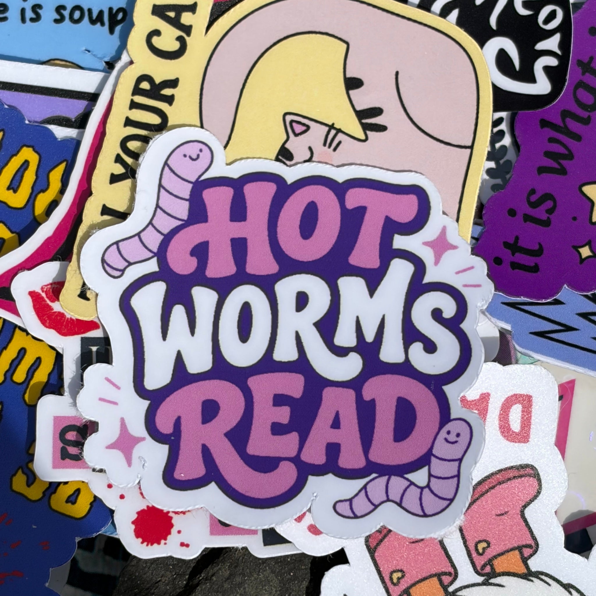 Hot Worms Read, Single Sticker &Purple, pink humorous bookish