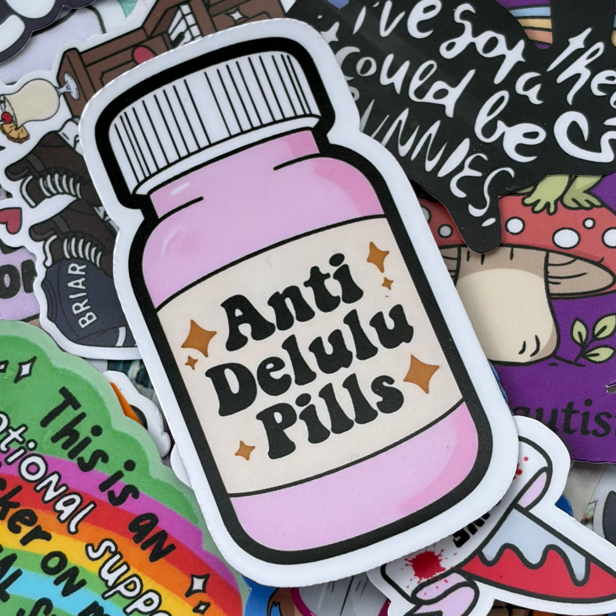 IMG-Anti Delulu Pills, Single Sticker Pink bottle, stars, cute, relatable funny