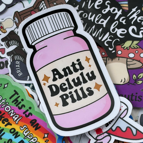 IMG-Anti Delulu Pills, Single Sticker Pink bottle, stars, cute, relatable funny