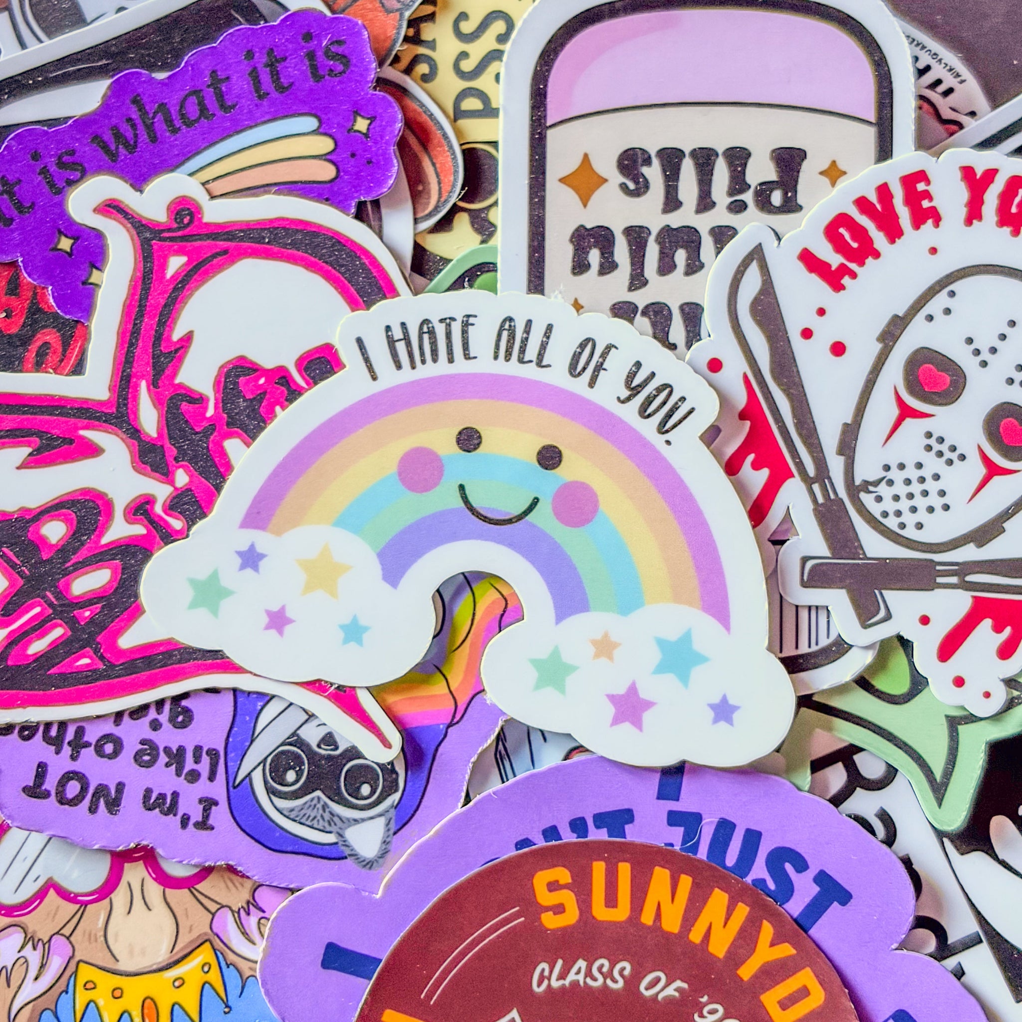 I Hate all of You, Rainbow, Single Sticker. Clouds, cute, funny, dark humour, stars