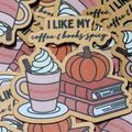 I Like My Coffee and Books Spicy sticker featuring a pumpkin spice latte, orange pumpkin and stack of books
