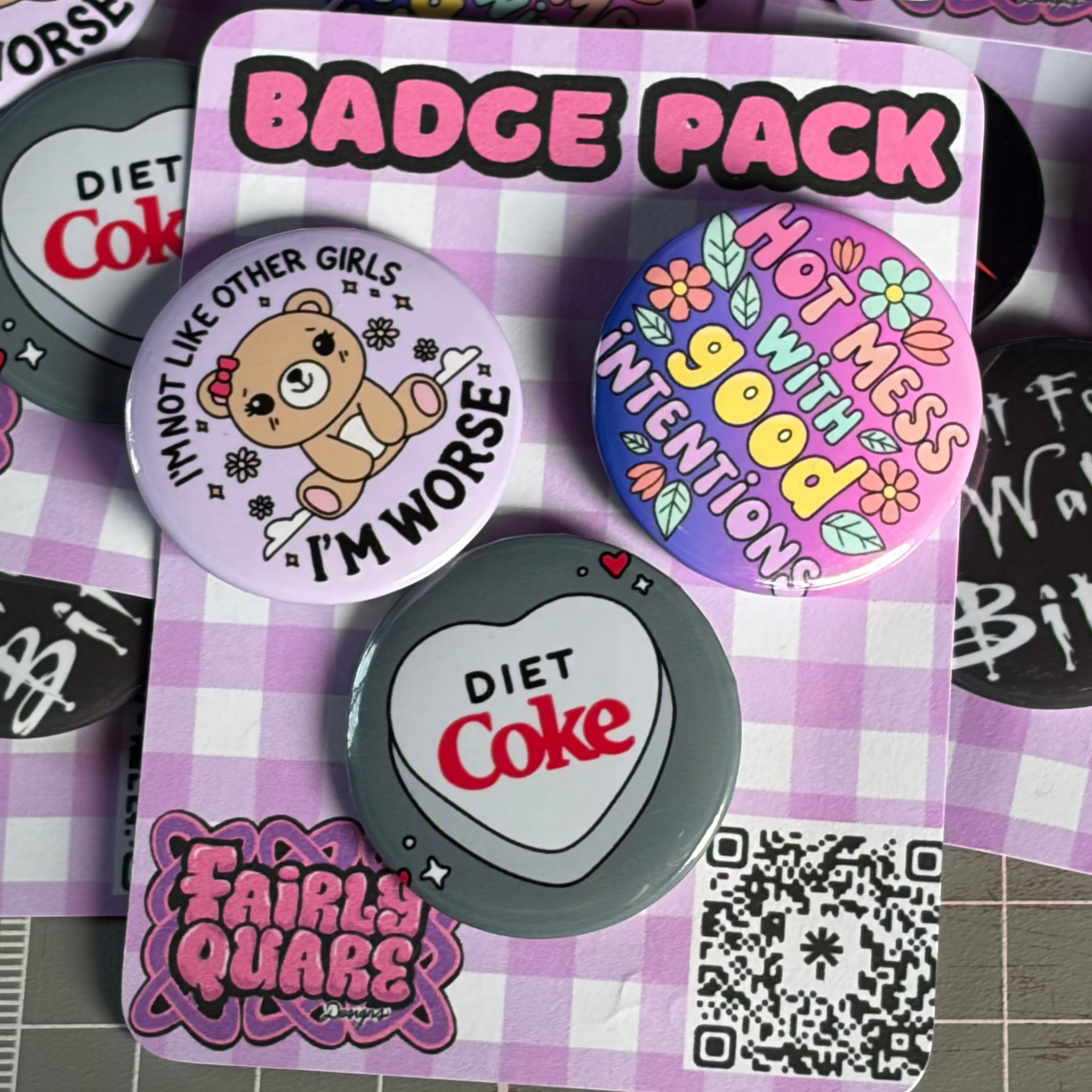 I'm Not Like the Other Girls / Hot Mess With Good Intentions/ Diet Coke

3 Pack of 1.25mm Button Pin Badges, with metal backing.

Handmade