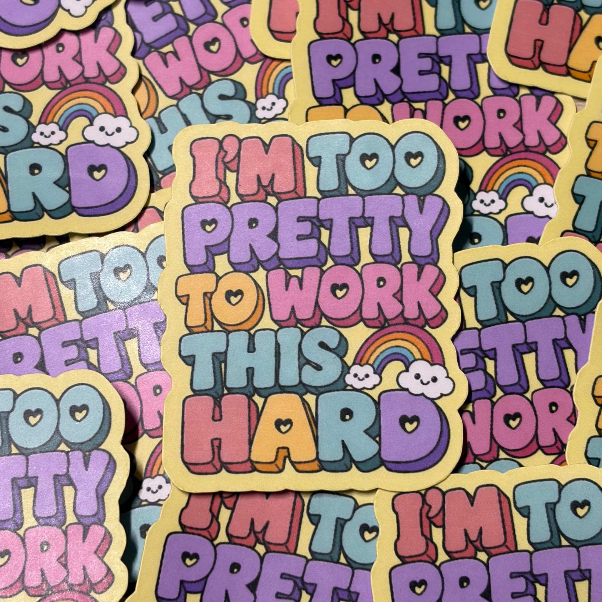 I'm too pretty to work this hard, cute funny, rainbow, bright, meme, cloud sticker

4 for €10 MULTIBUY across all stickers, Just add to basket and discount will automatically apply.

Handcrafted. Matte laminate. Splash and Scratch resistant. Not for outdoor use.&nbsp;