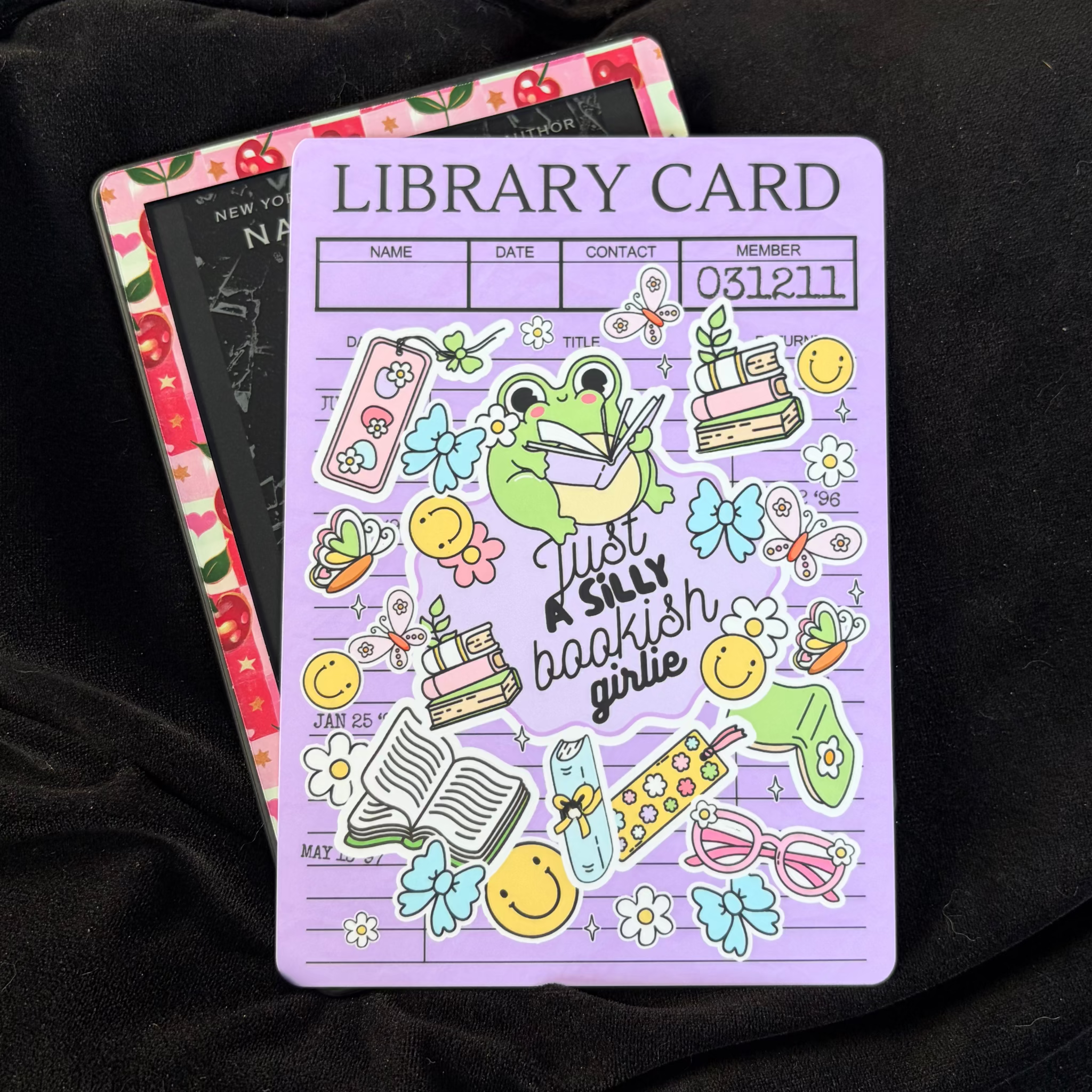 Library Card, Purple Frog, Kindle Backing Insert. Trinkets, cute, cartoon, bookish, trending

Made to order. Made to fit your specific model. Matte laminated for durability. Easy to install in a clear case.&nbsp;