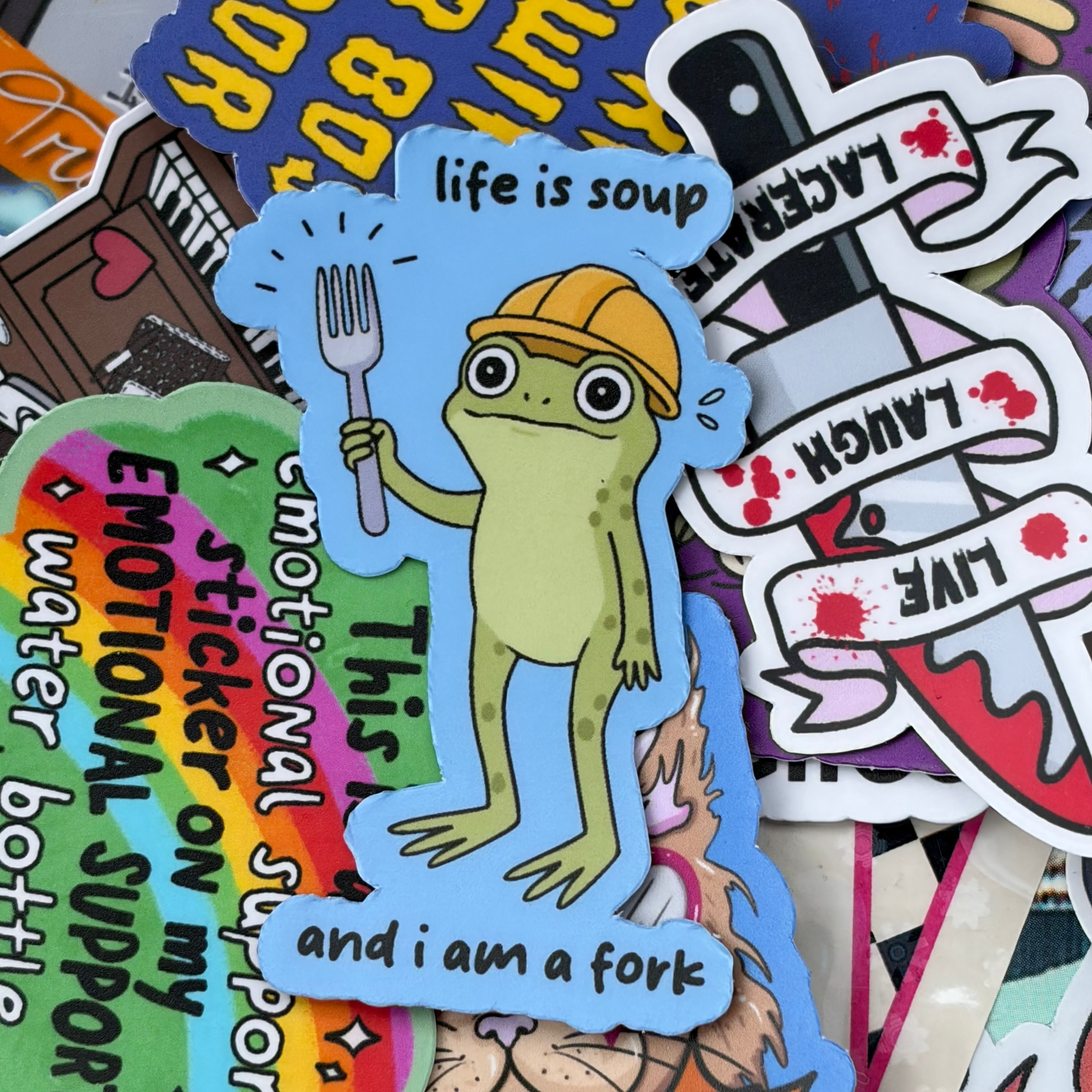 Life Is Soup and I Am Fork, Frog, Single Sticker &nbsp;Yellow construction hat, meme, funny frog&nbsp;