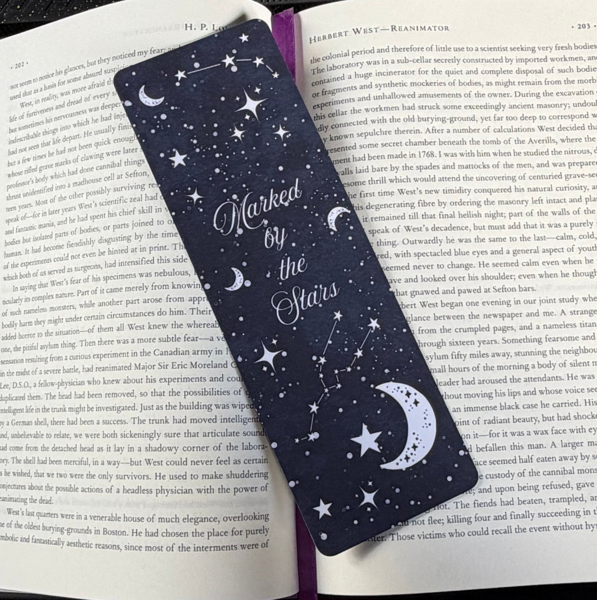 Marked by the Stars, Large Bookmark. Navy sky backround with white moon and star pattern