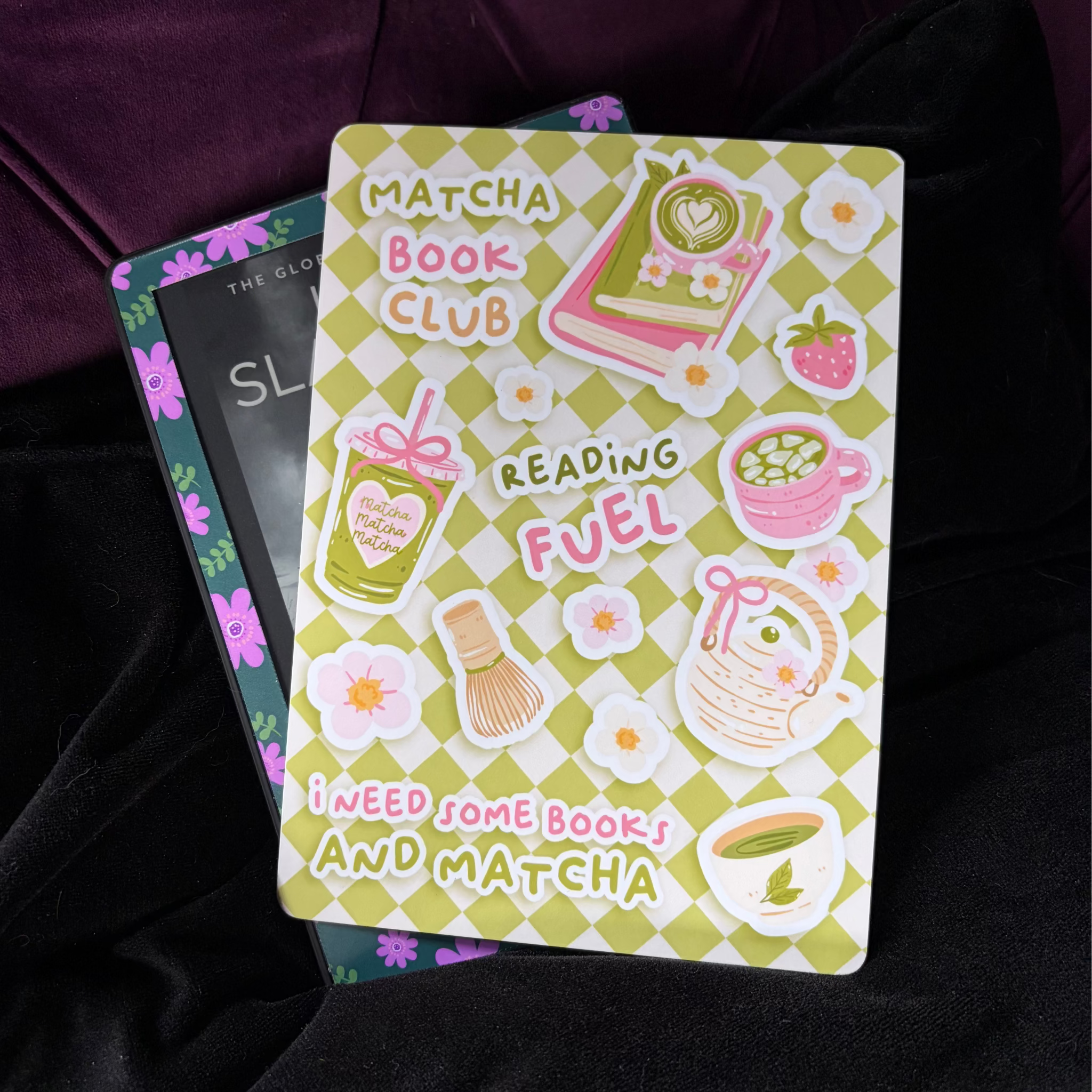 Matcha Book Club, Kindle Backing Insert. Summery, cute, green, white, matcha drink, trending, checkered