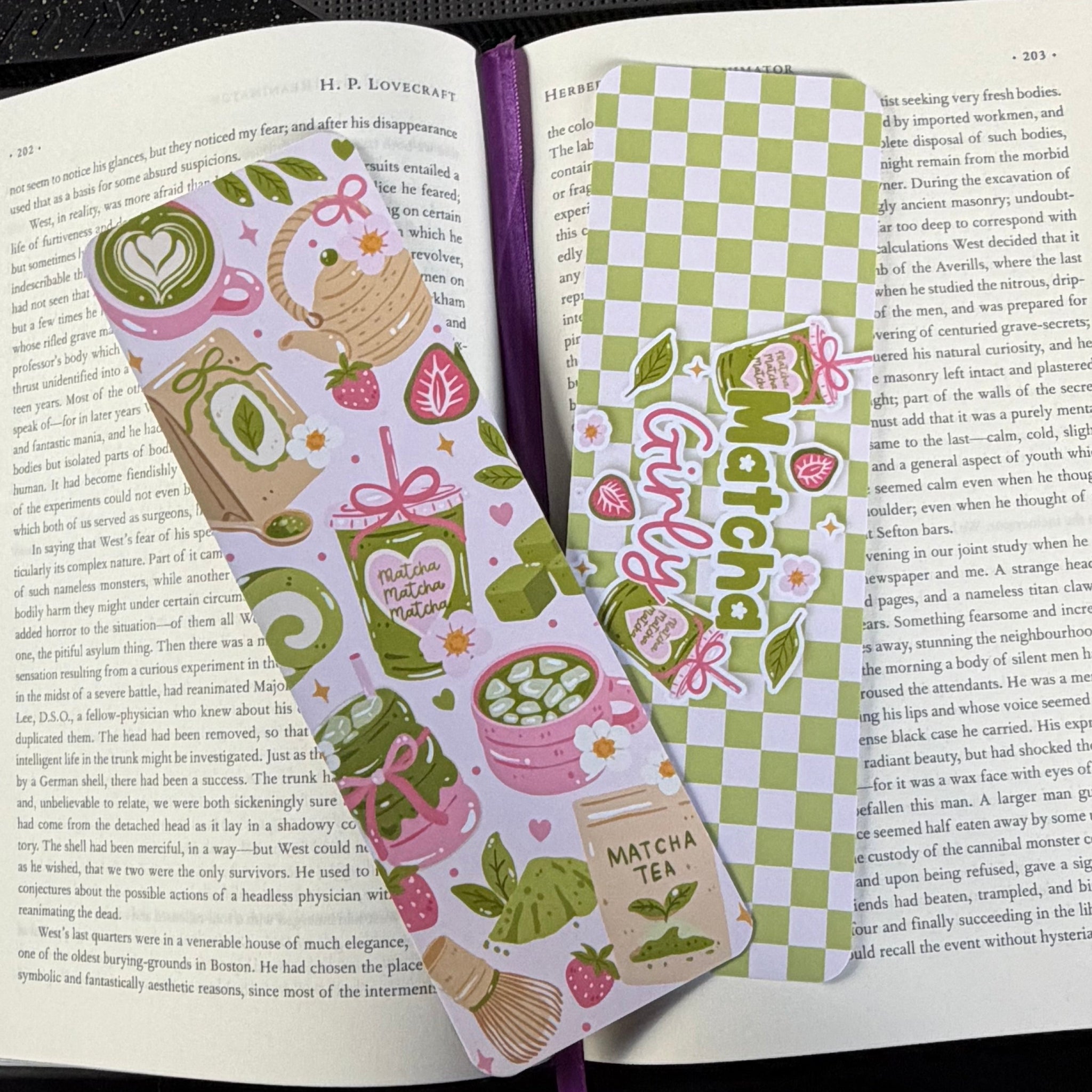 Matcha Girlie, Double Sided, Large Bookmark. Summer Pattern, cute kawaii, soft pastels. Checked green