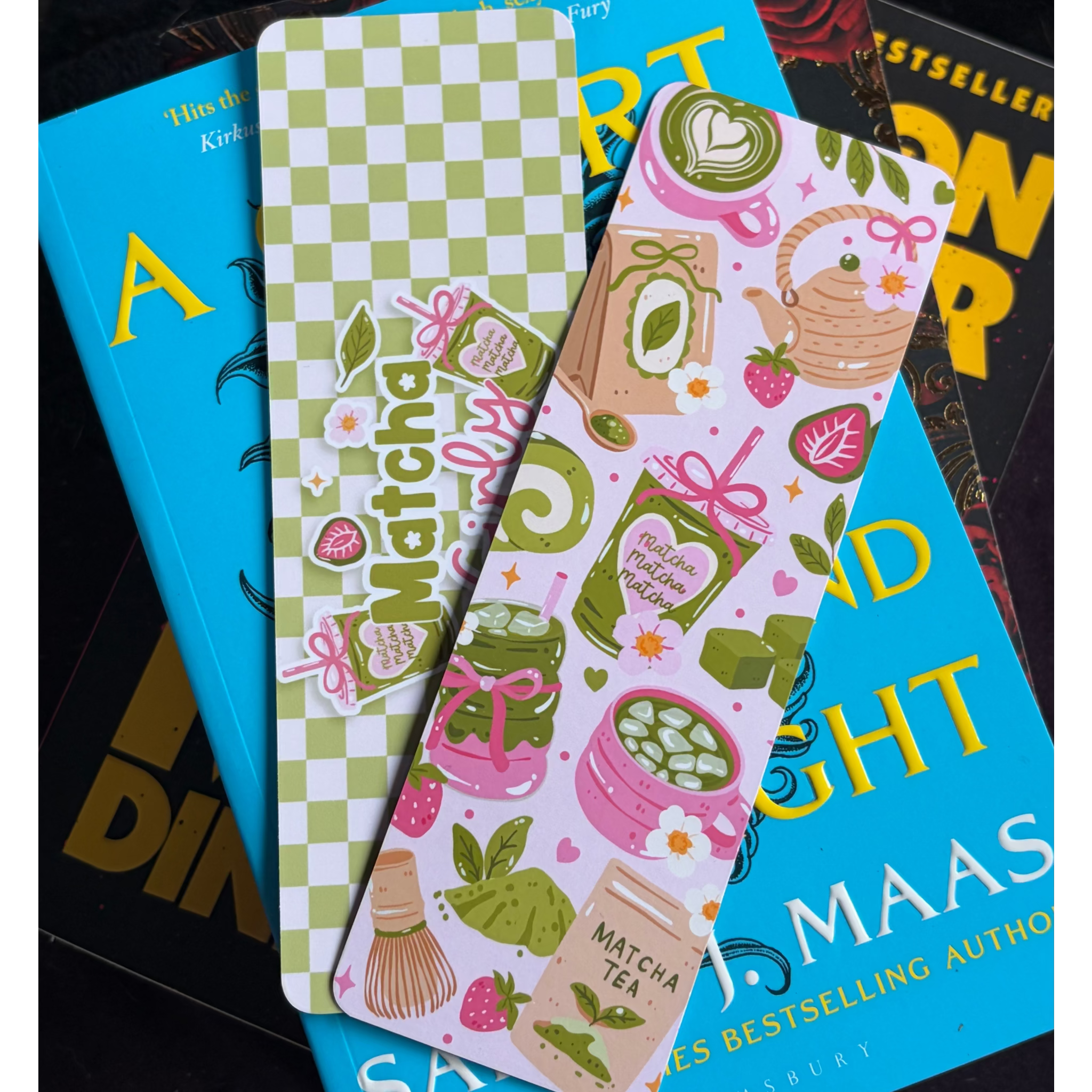 Matcha Girlie, Double Sided, Standard Bookmark, green and white checker, mochi, matcha, pink, green, kawaii, cute, soft, trending, tea. teapot, summer