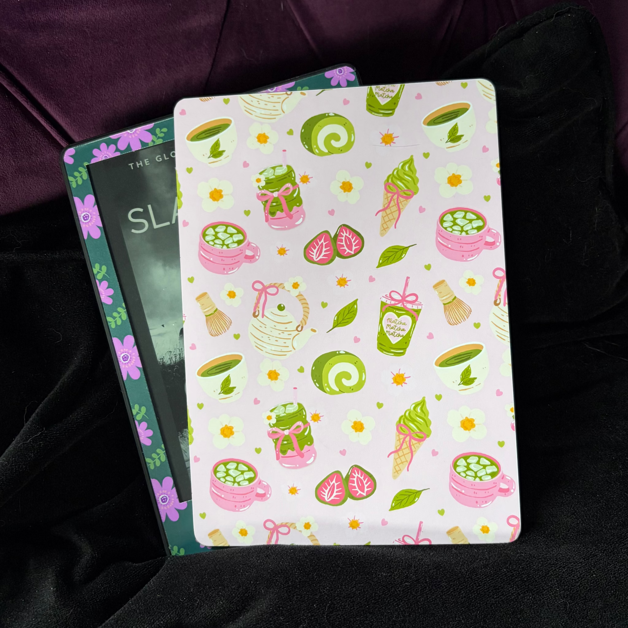 Matcha Mix, Kindle Backing Insert. Oink, white, green matcha. Ice cream, drink, iced matcha, sushi, mochi