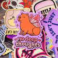 No Deep Thoughts Capybara, Single Sticker. Butterfly wings, cartoon, cute, funny, meme, trending