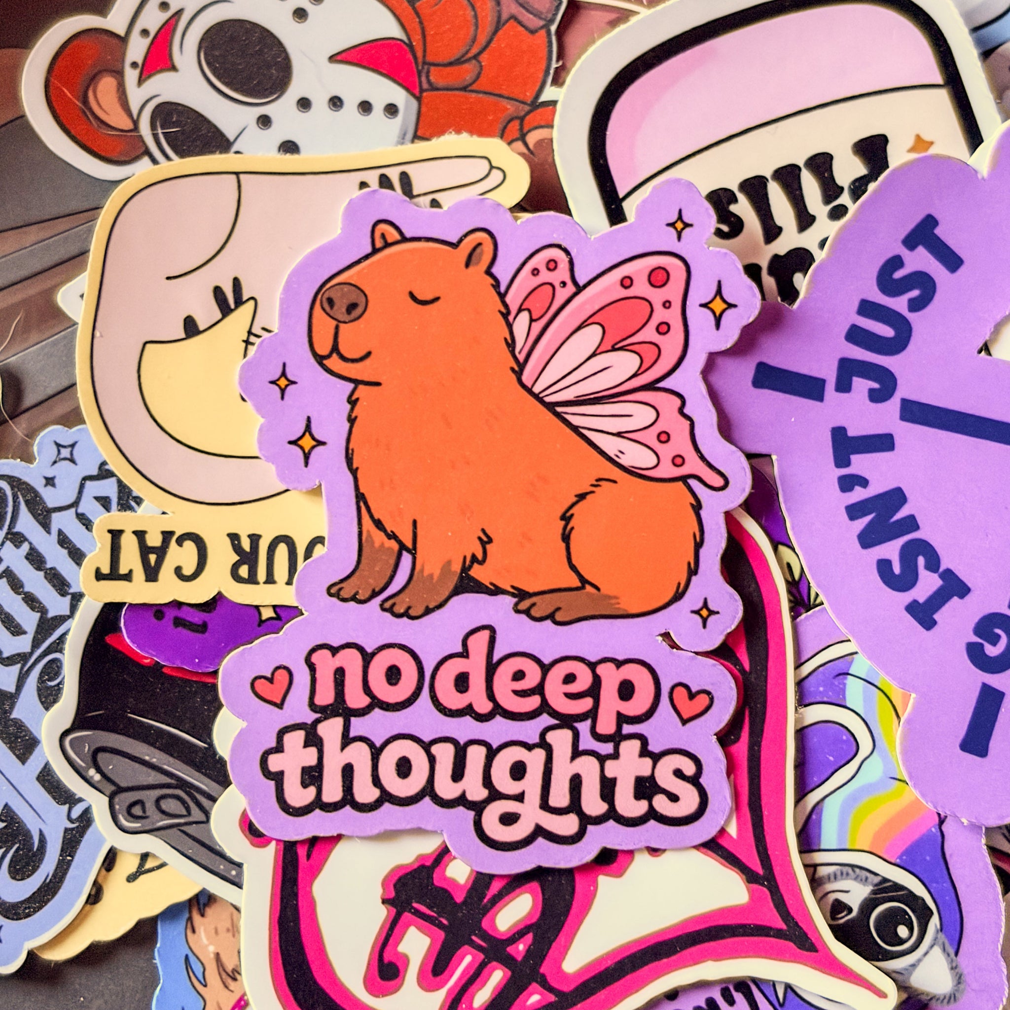 No Deep Thoughts Capybara, Single Sticker. Butterfly wings, cartoon, cute, funny, meme, trending