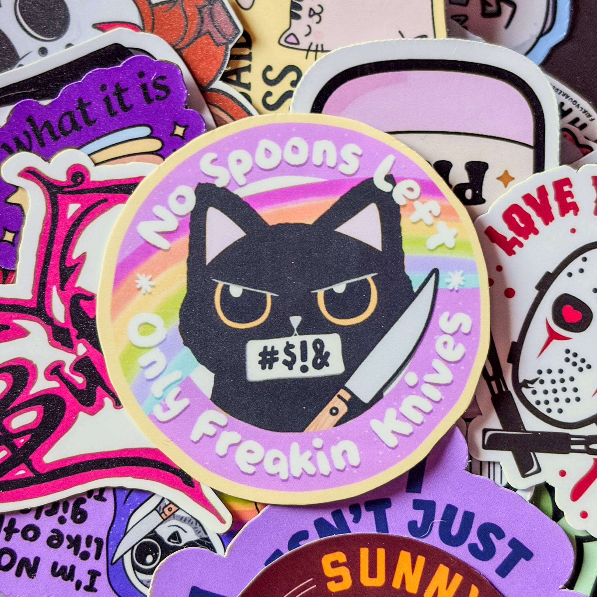 No Spoons Left, Single Sticker. Black cat, dark humour, neurodivergent, rainbow