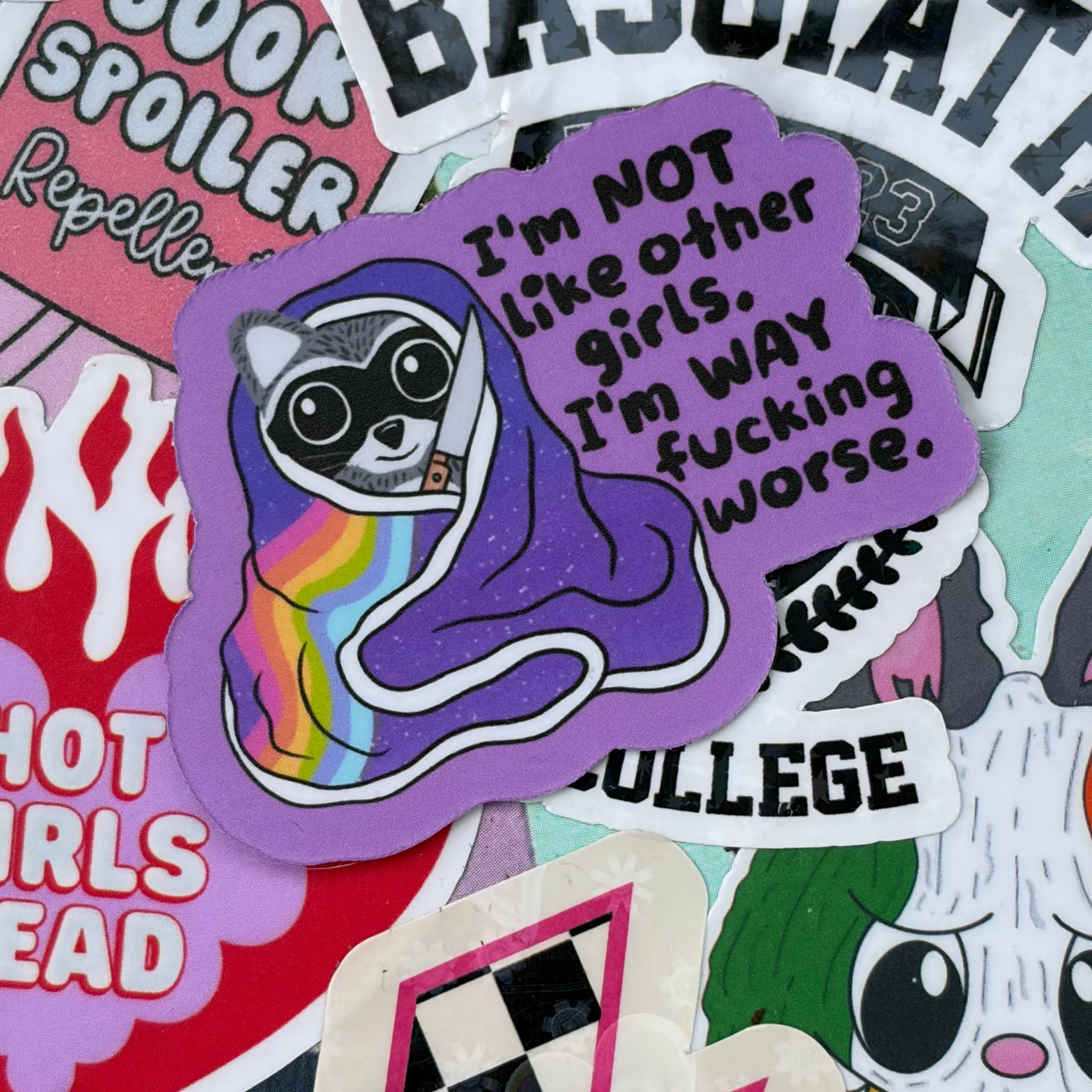 Not Like The Other Girls, Funny Feral Racoon Single Sticker. &nbsp;Bright colours, dark humour, relatable as hell. RAINBOW