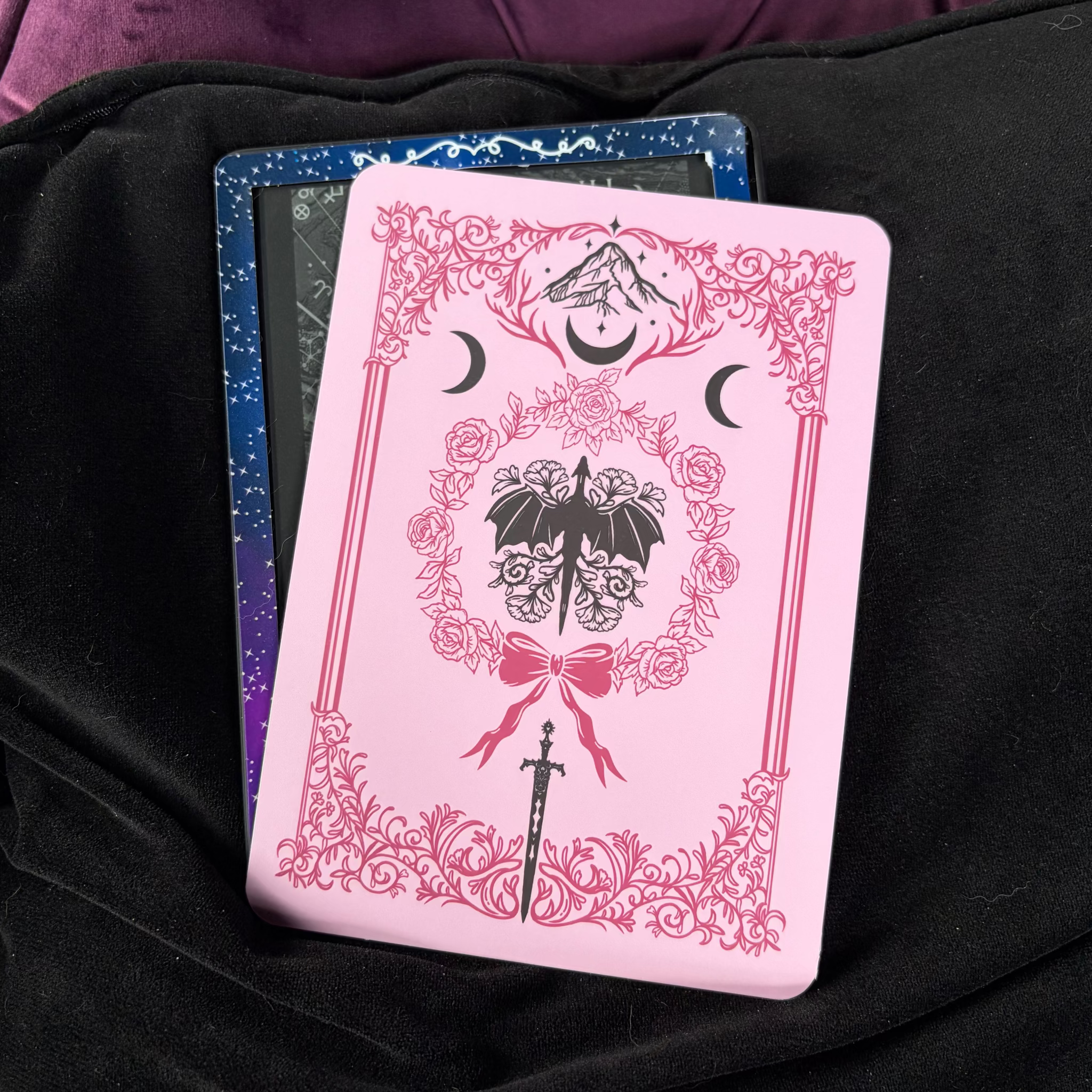 Pink Dragon, Kindle Backing Insert. Black dragon, pink backround, pink bow, moon and sword