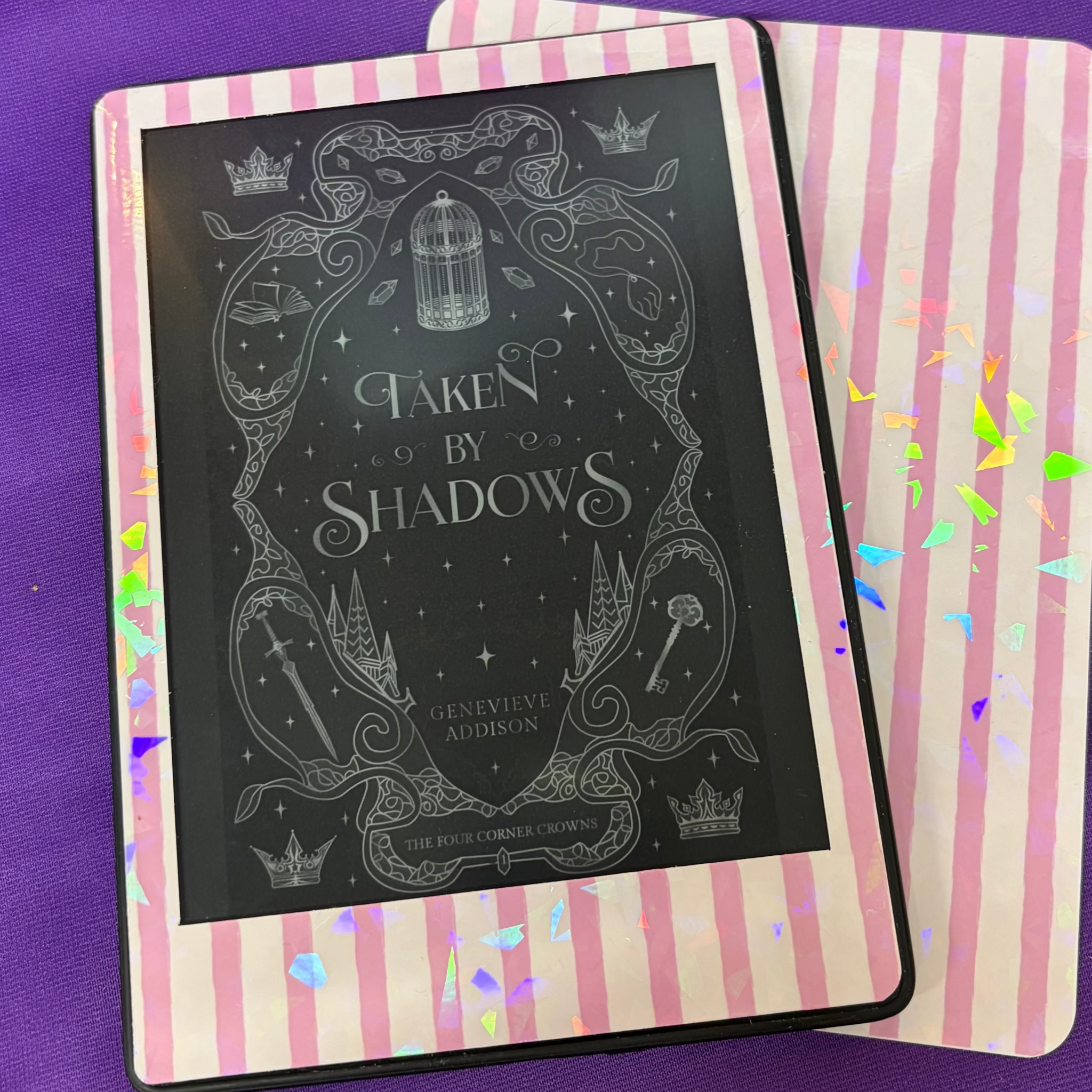 Pink and pale pink striped Kindle front skin with a shattered-glass holographic finish and rainbow reflections
