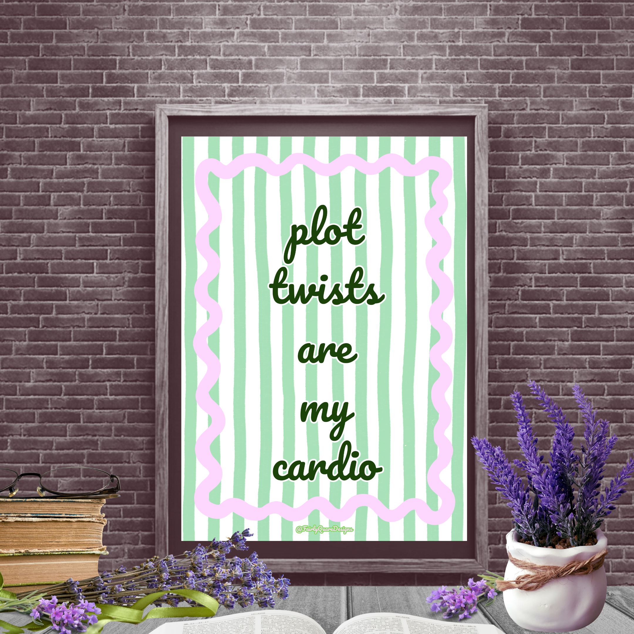 Plot Twists Are My Cardio, Print, Green stripes, Library print, bookish quote, coquette style