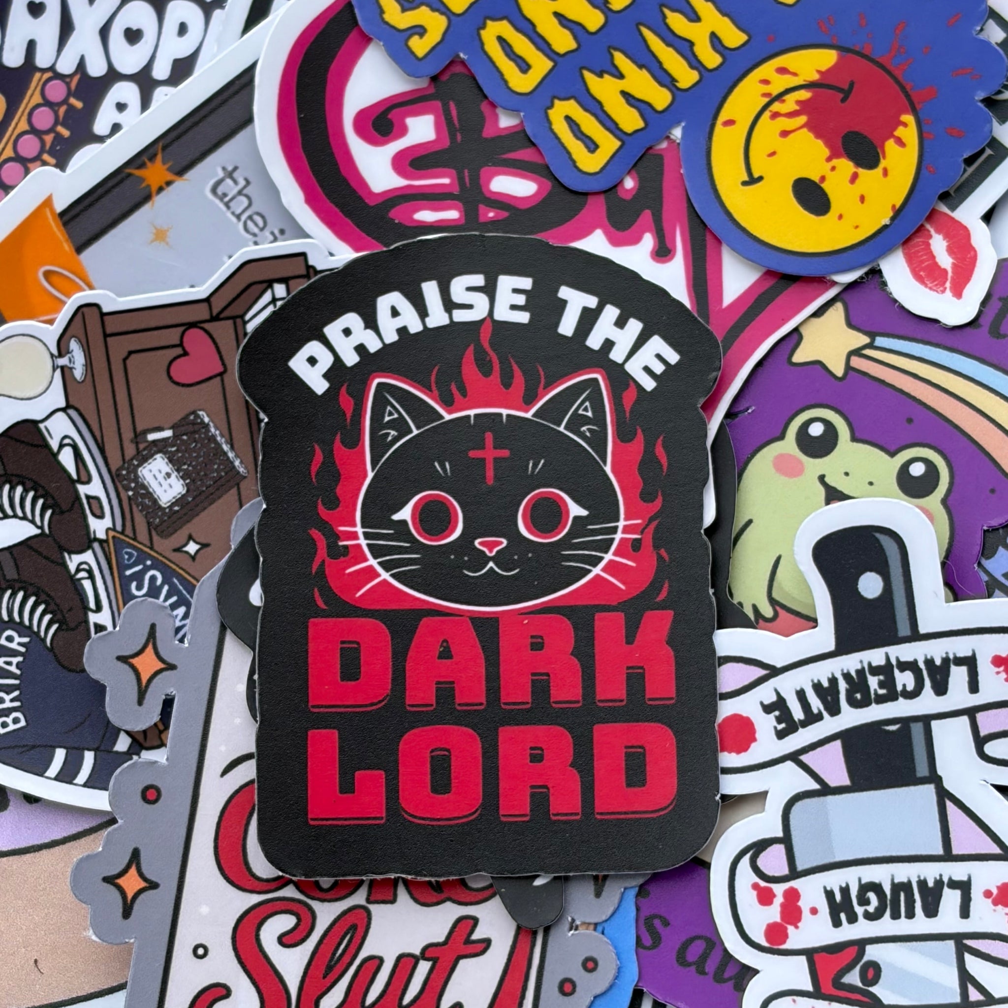 Praise The Dark Lord cat, funny meme, occult, dark humour single&nbsp;Sticker
