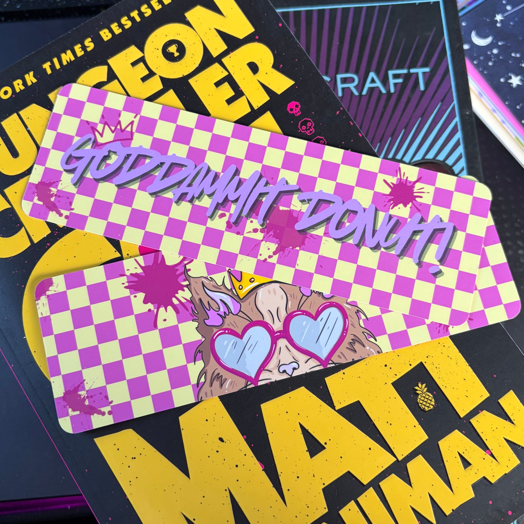 Princess Donut, Dungeon Crawler Carol, double sided Bookmark. Pink, yellow graffiti. Lit RPG, cat character, gaming.