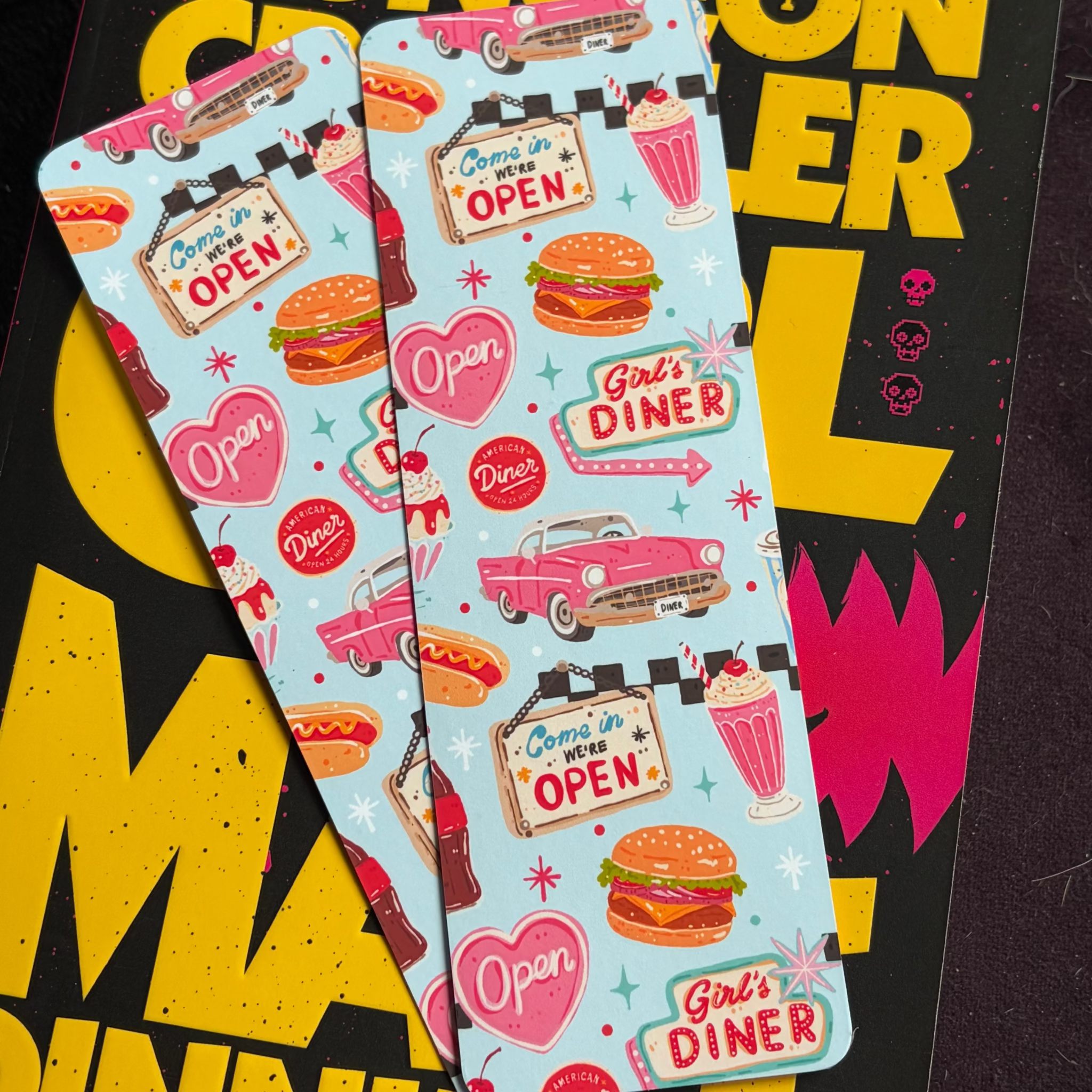 Retro American Diner, Standard Bookmark, pink car, vintage sign, burger, fast food, picnic, spring, summer, bright, cute, blue, pink, 70's
