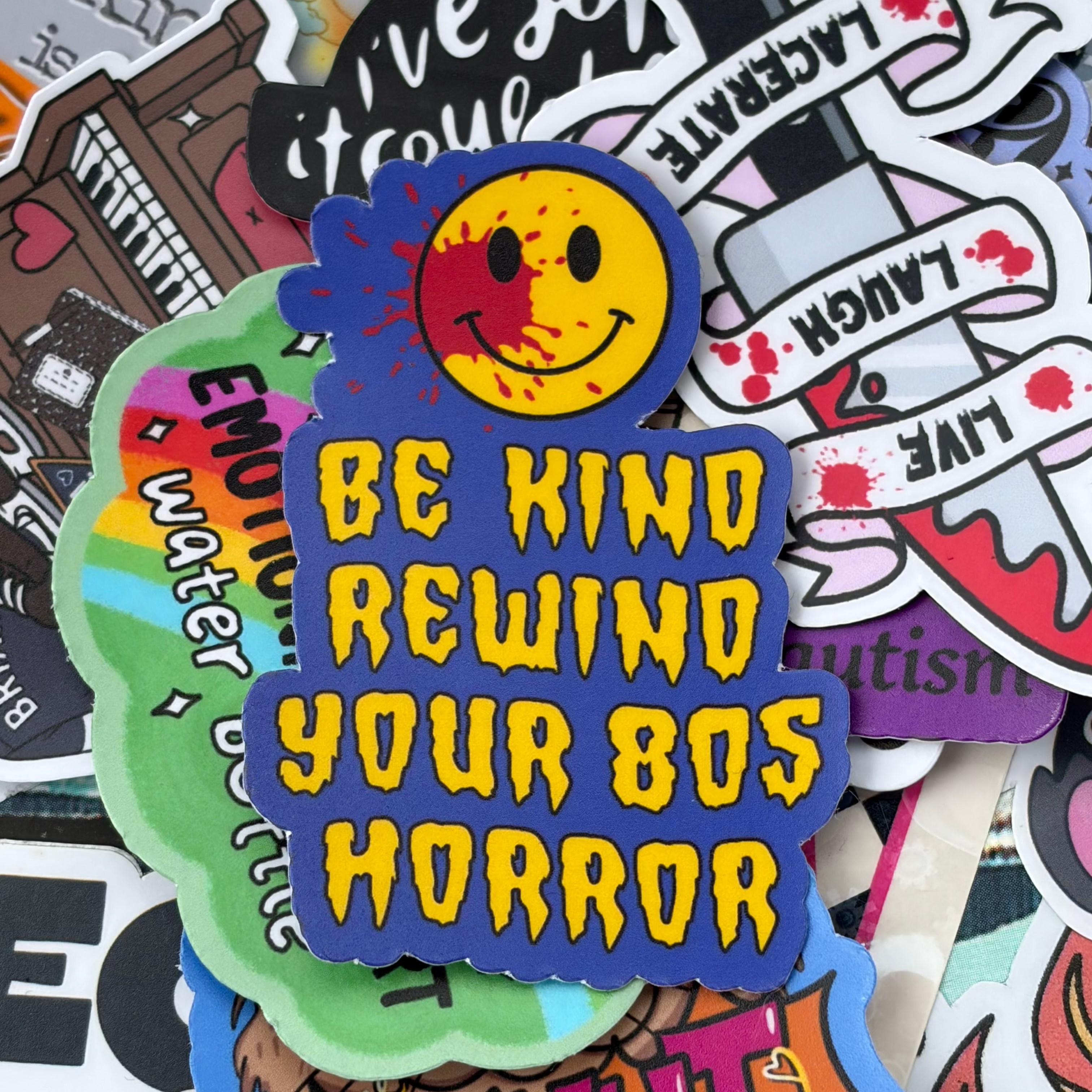 Rewind Your 80s Horror, Single Sticker, smiley face, blood spatter, slasher film fan&nbsp;